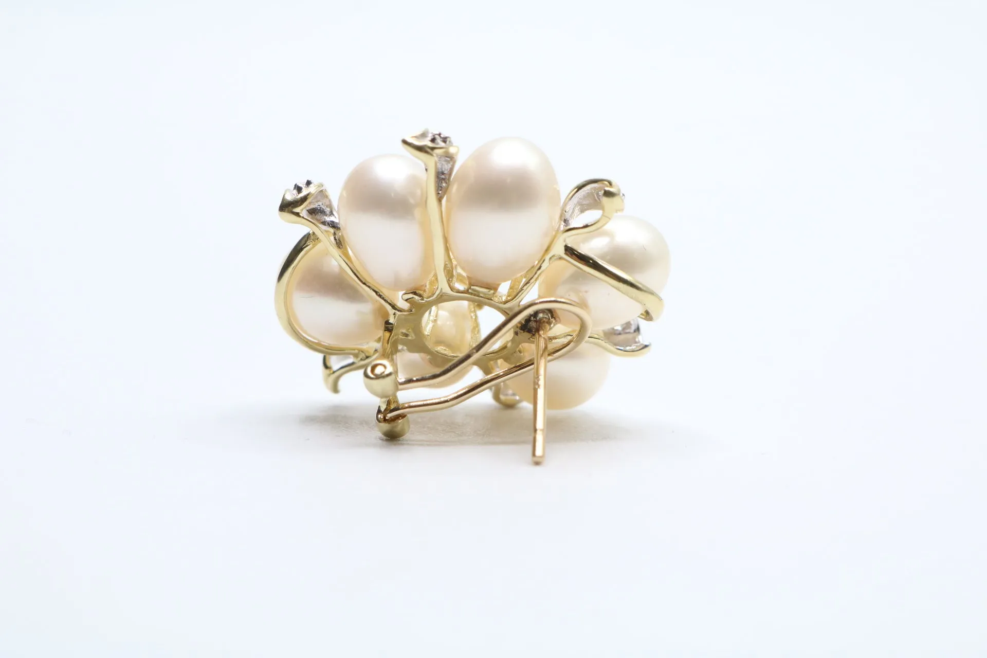 14K Yellow Gold Fancy Cluster Diamond Pearl Earrings (14 Grams)