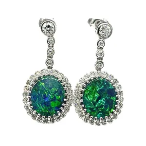 14kt white ladies gold earrings with 3.75ct Boulder Opals with 0.80ctw diamonds