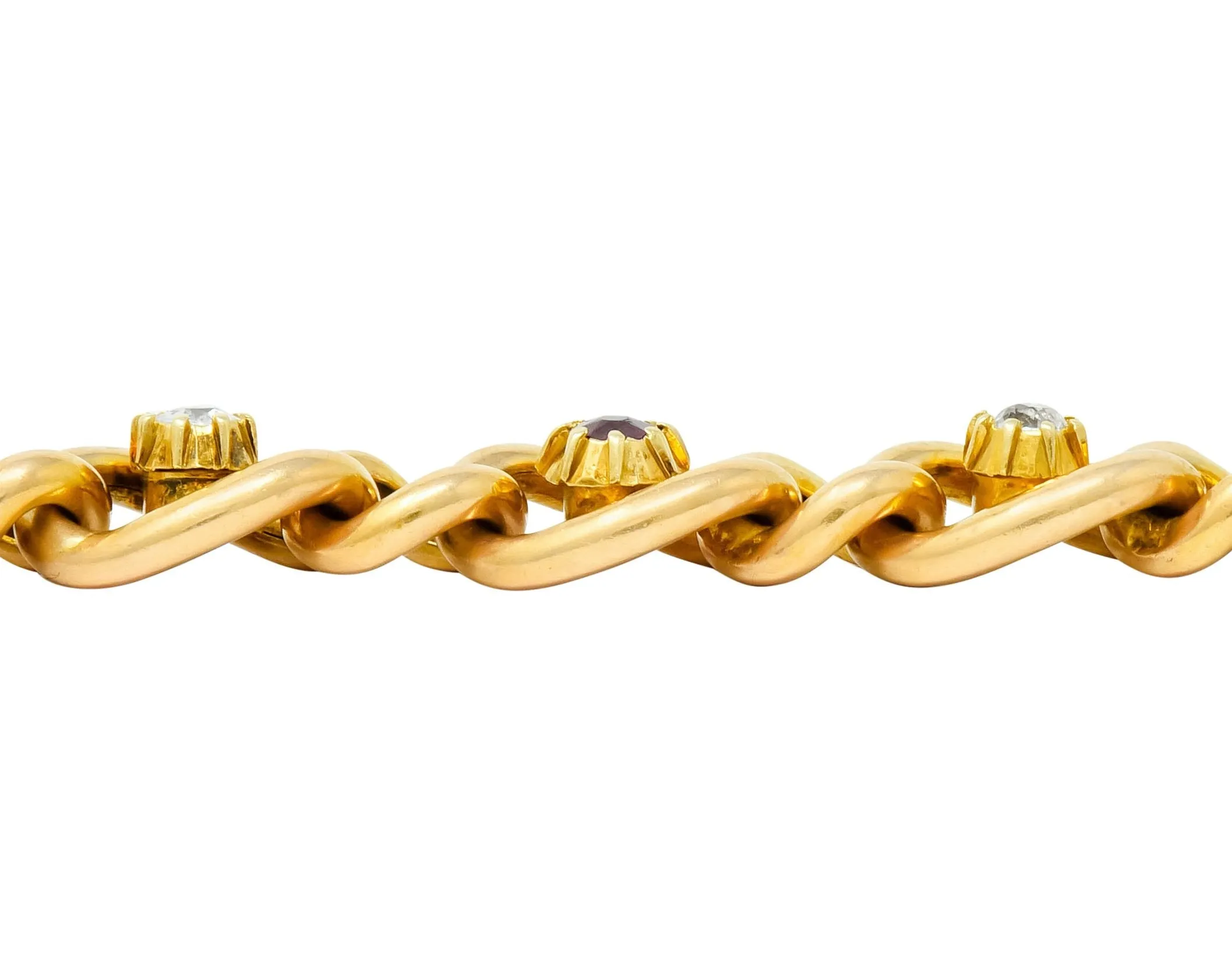 1890s Victorian 1.52 CTW Ruby Diamond 15 Karat Gold Link Bracelet