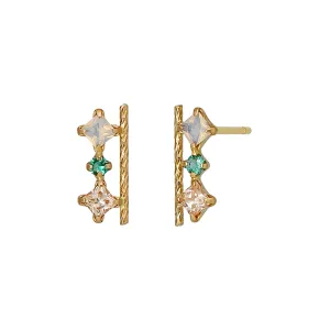 18K/10K Yellow Gold Emerald 3-Stone Bar Earrings