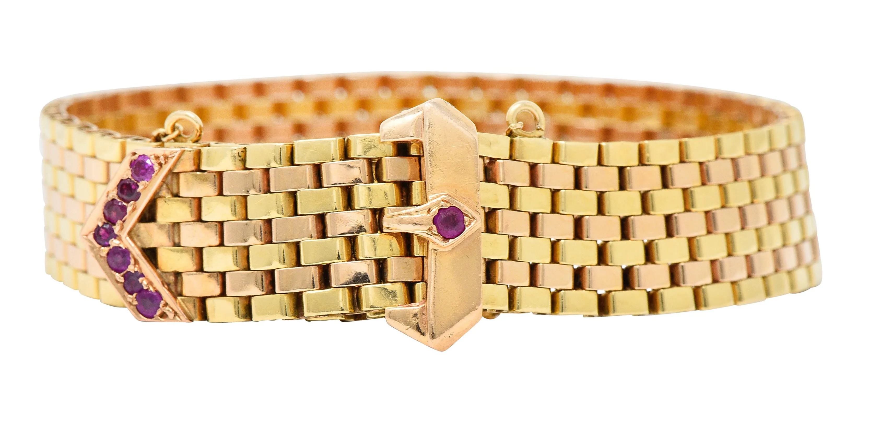 1940's Retro Ruby 14 Karat Two-Tone Gold Buckle Bracelet