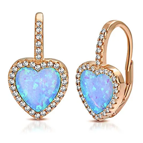 925 Sterling Silver Rose Gold-Tone Clear CZ Simulated Blue Opal Love Heart Hoop Dangle Earrings, 0.75"