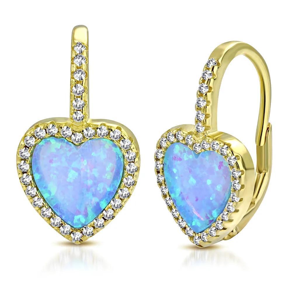 925 Sterling Silver Rose Gold-Tone Clear CZ Simulated Blue Opal Love Heart Hoop Dangle Earrings, 0.75"