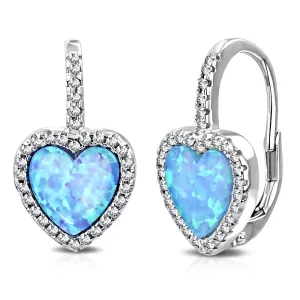925 Sterling Silver Rose Gold-Tone Clear CZ Simulated Blue Opal Love Heart Hoop Dangle Earrings, 0.75"