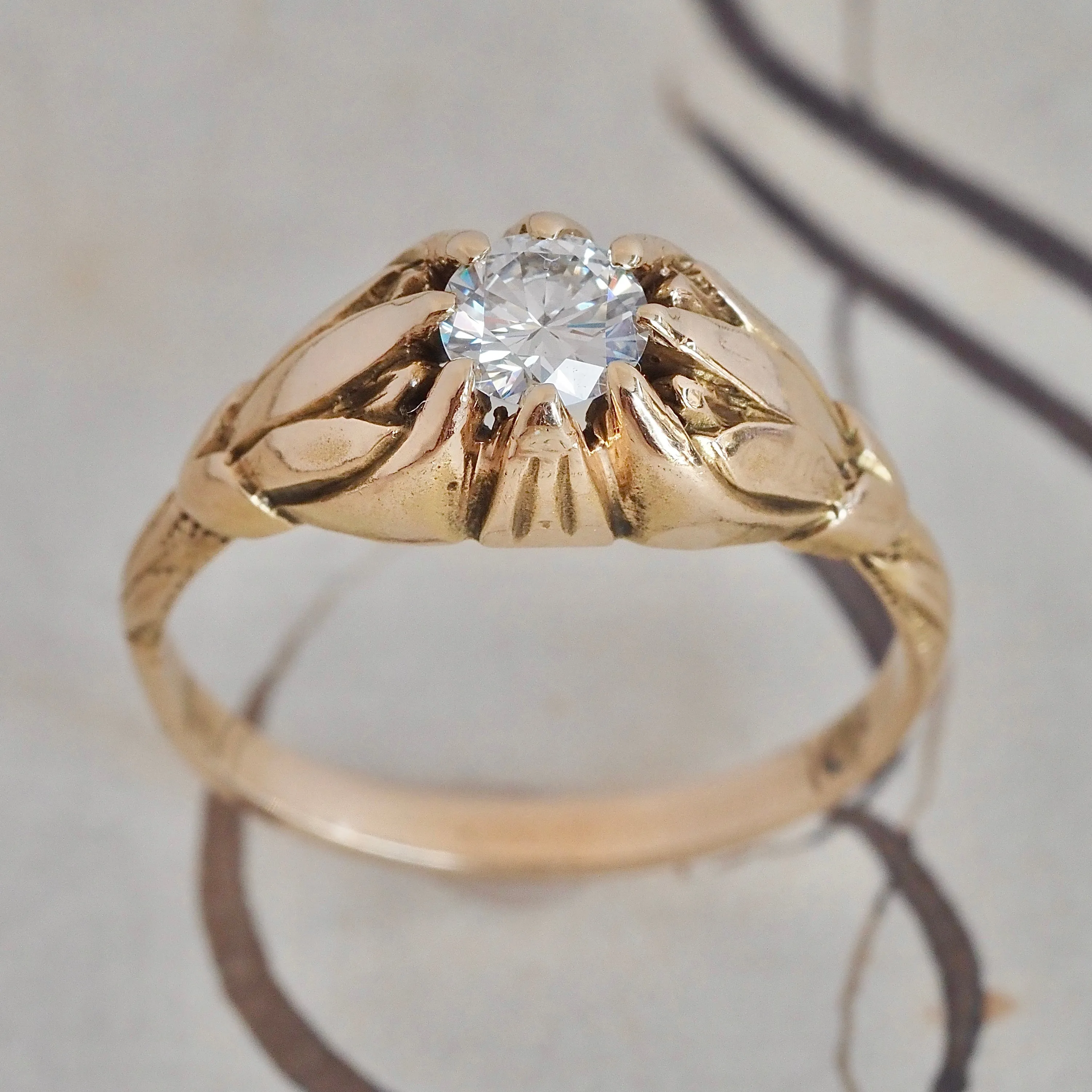 Antique Belcher Set Transitional Cut Diamond Tulip 14k Gold Engagement Ring