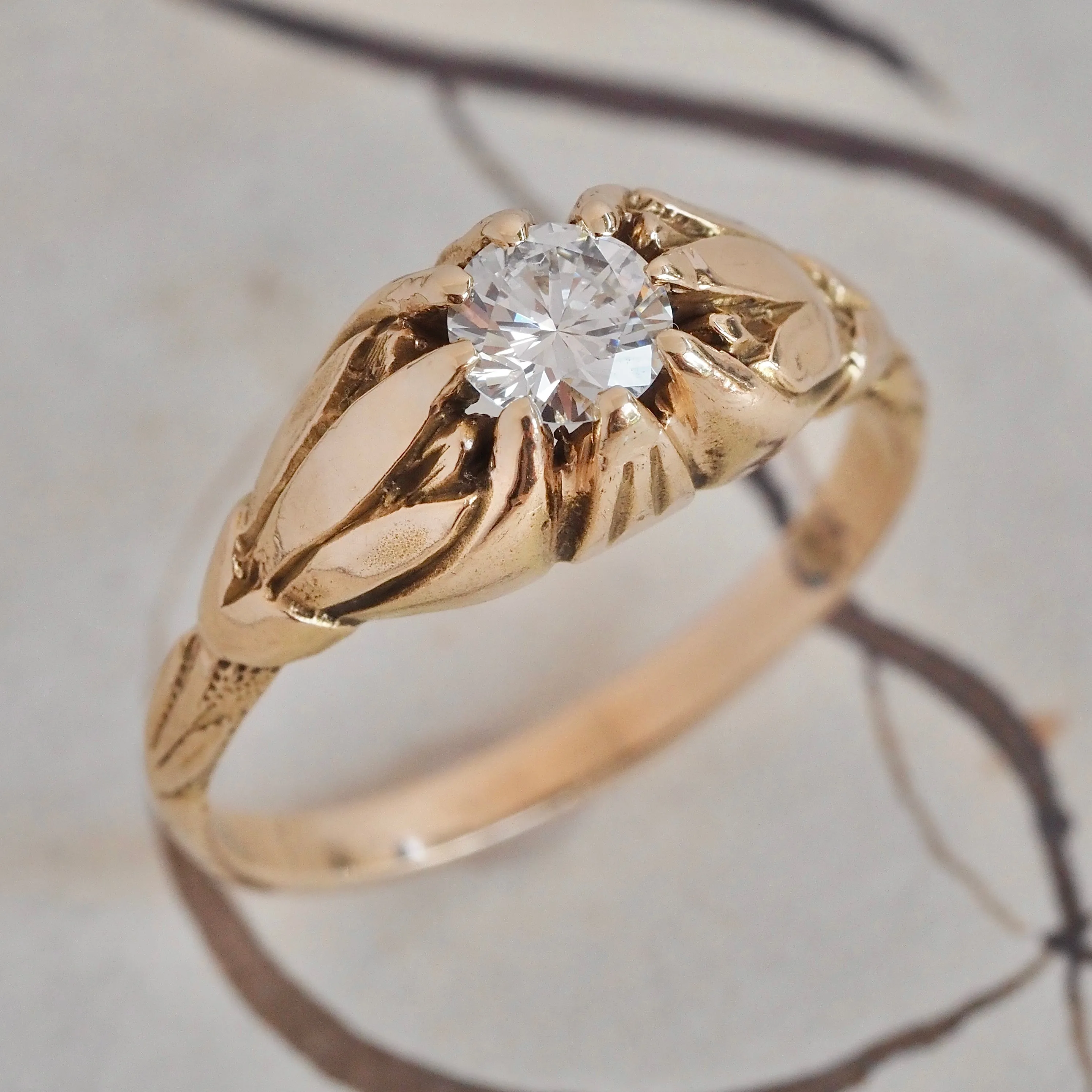 Antique Belcher Set Transitional Cut Diamond Tulip 14k Gold Engagement Ring