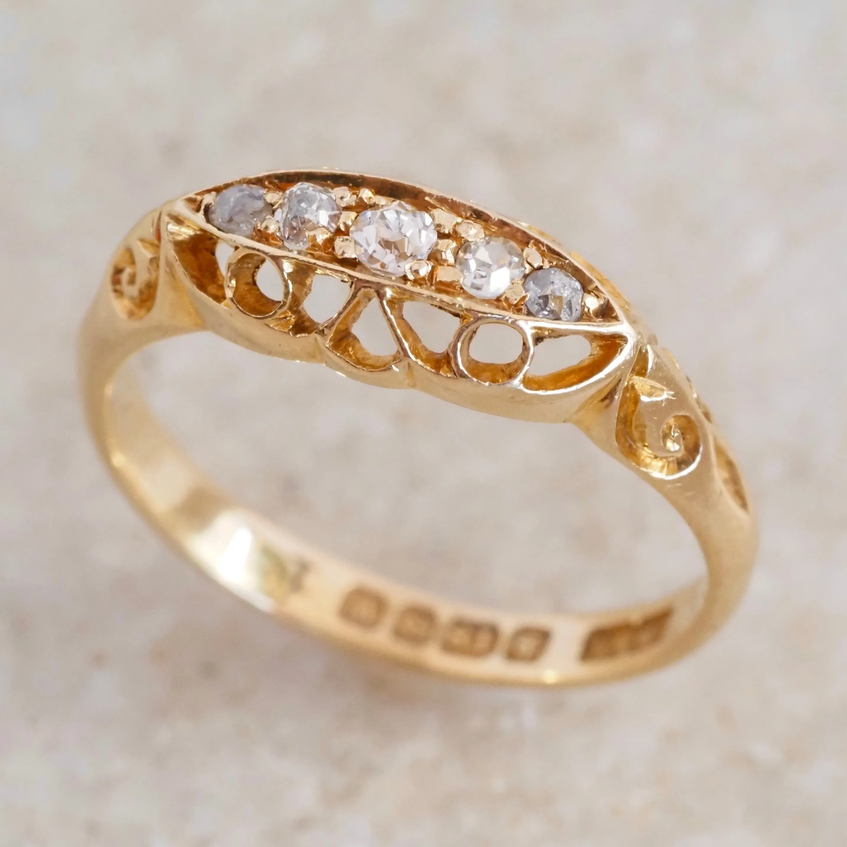 Antique c. 1921 English 18k Gold Five Stone Diamond Boat Ring