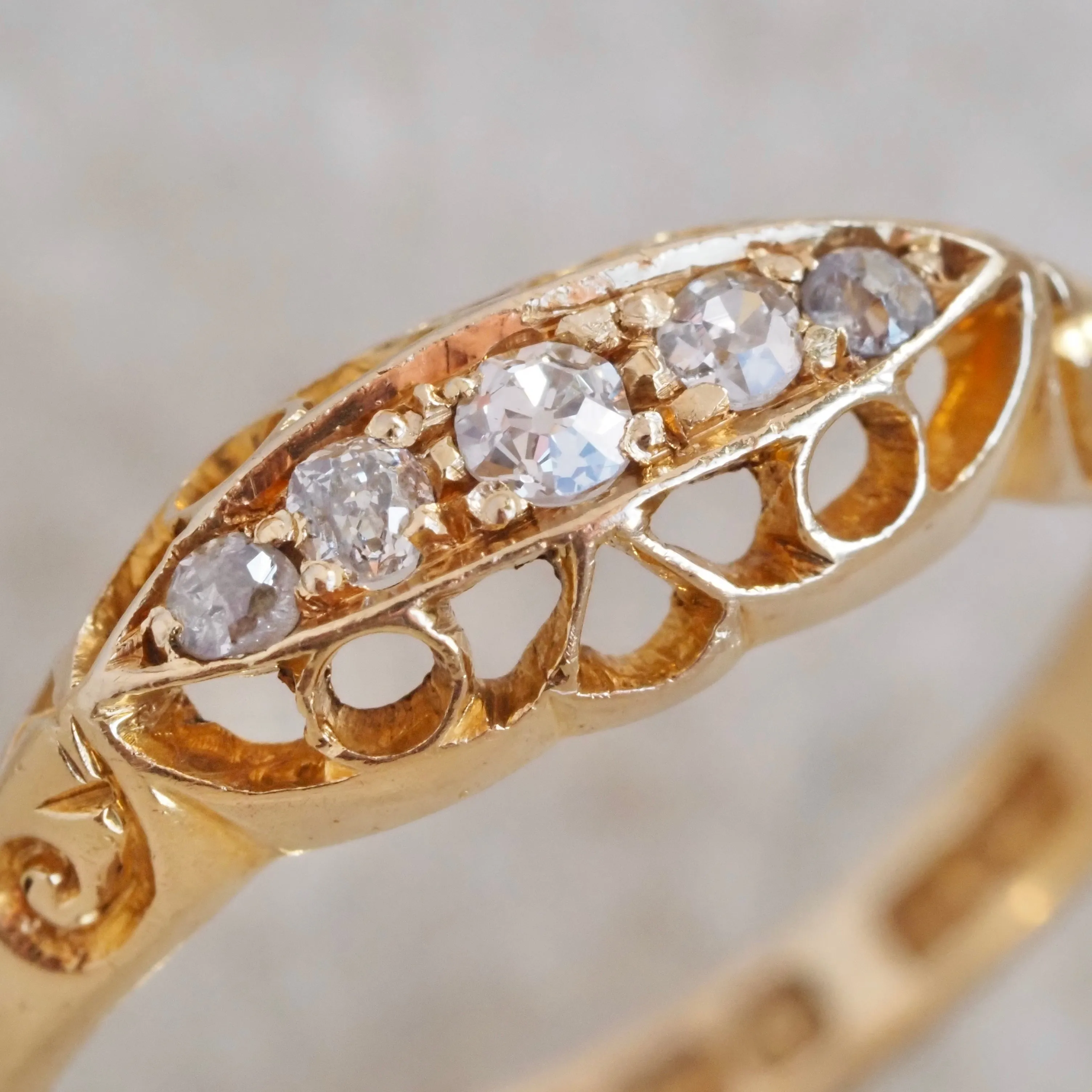 Antique c. 1921 English 18k Gold Five Stone Diamond Boat Ring