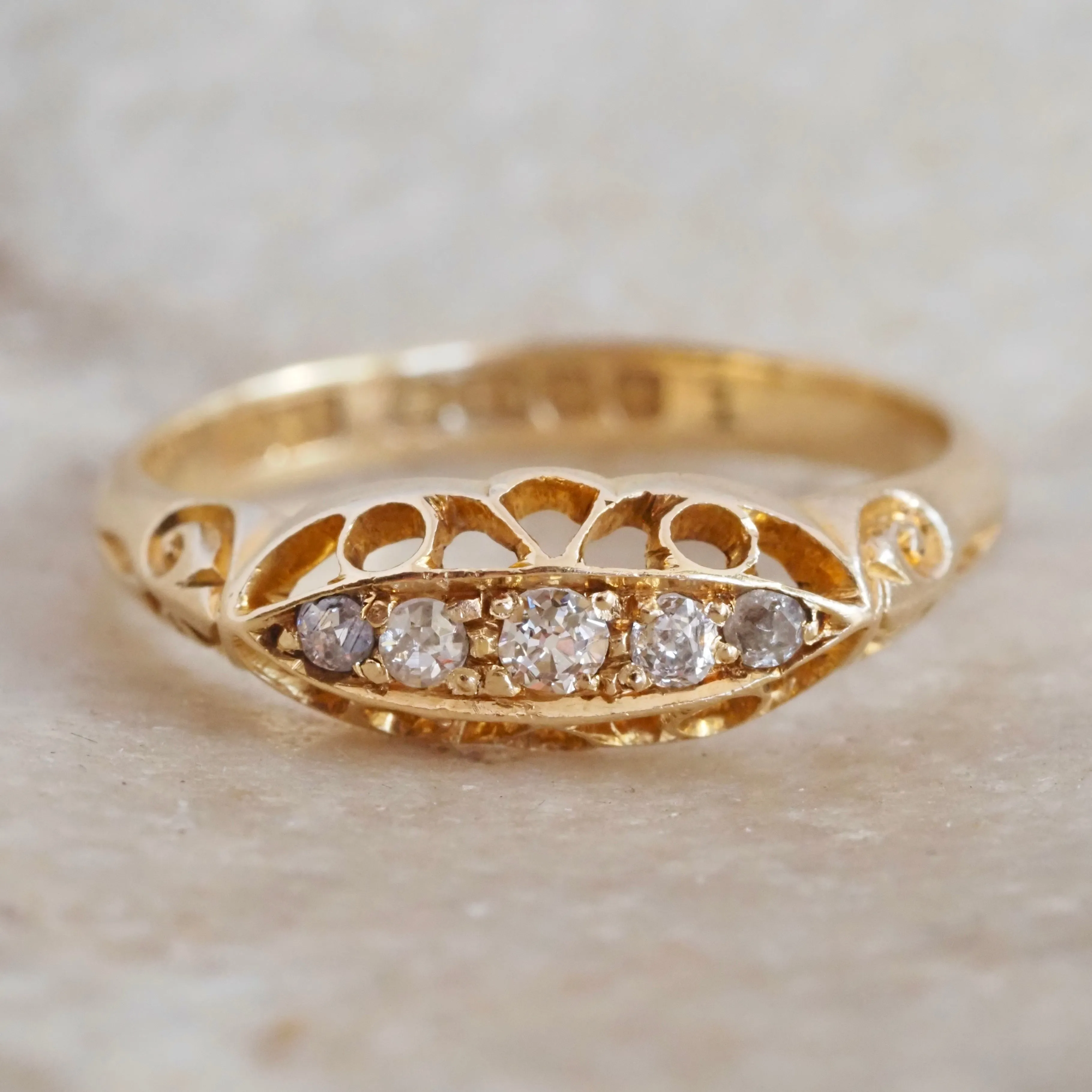 Antique c. 1921 English 18k Gold Five Stone Diamond Boat Ring