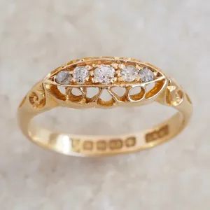 Antique c. 1921 English 18k Gold Five Stone Diamond Boat Ring