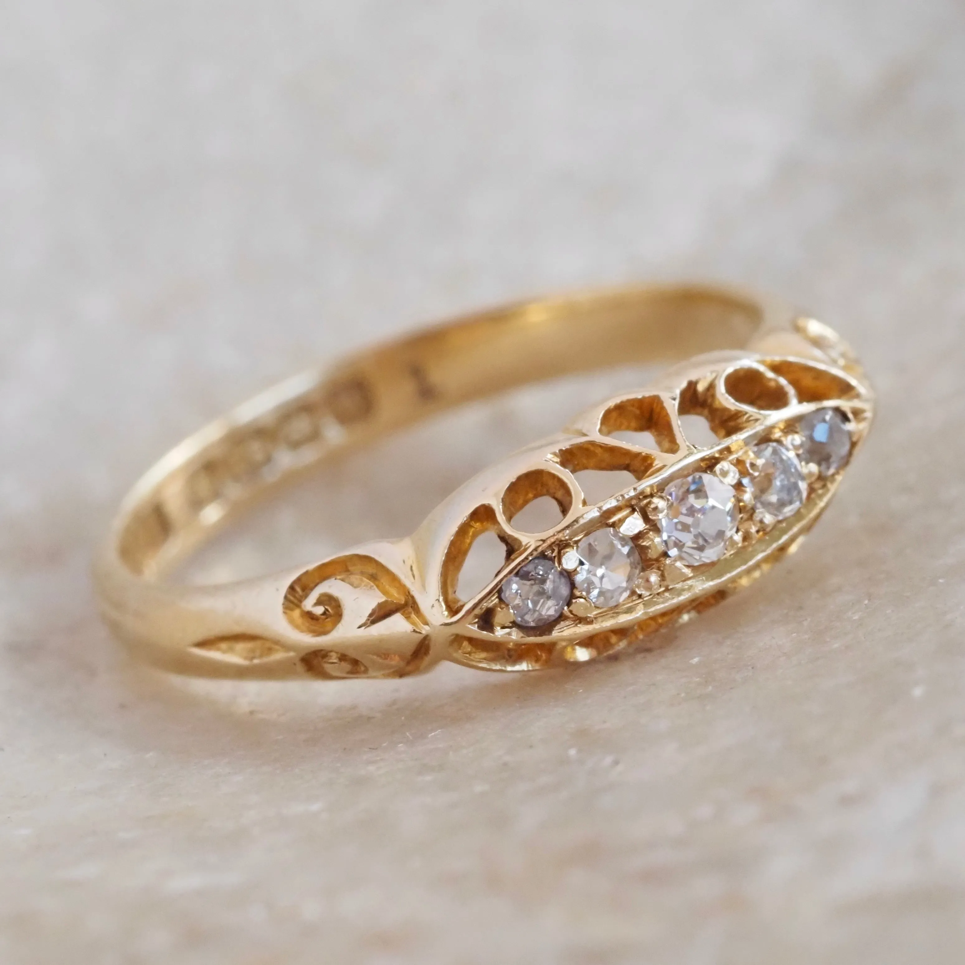 Antique c. 1921 English 18k Gold Five Stone Diamond Boat Ring