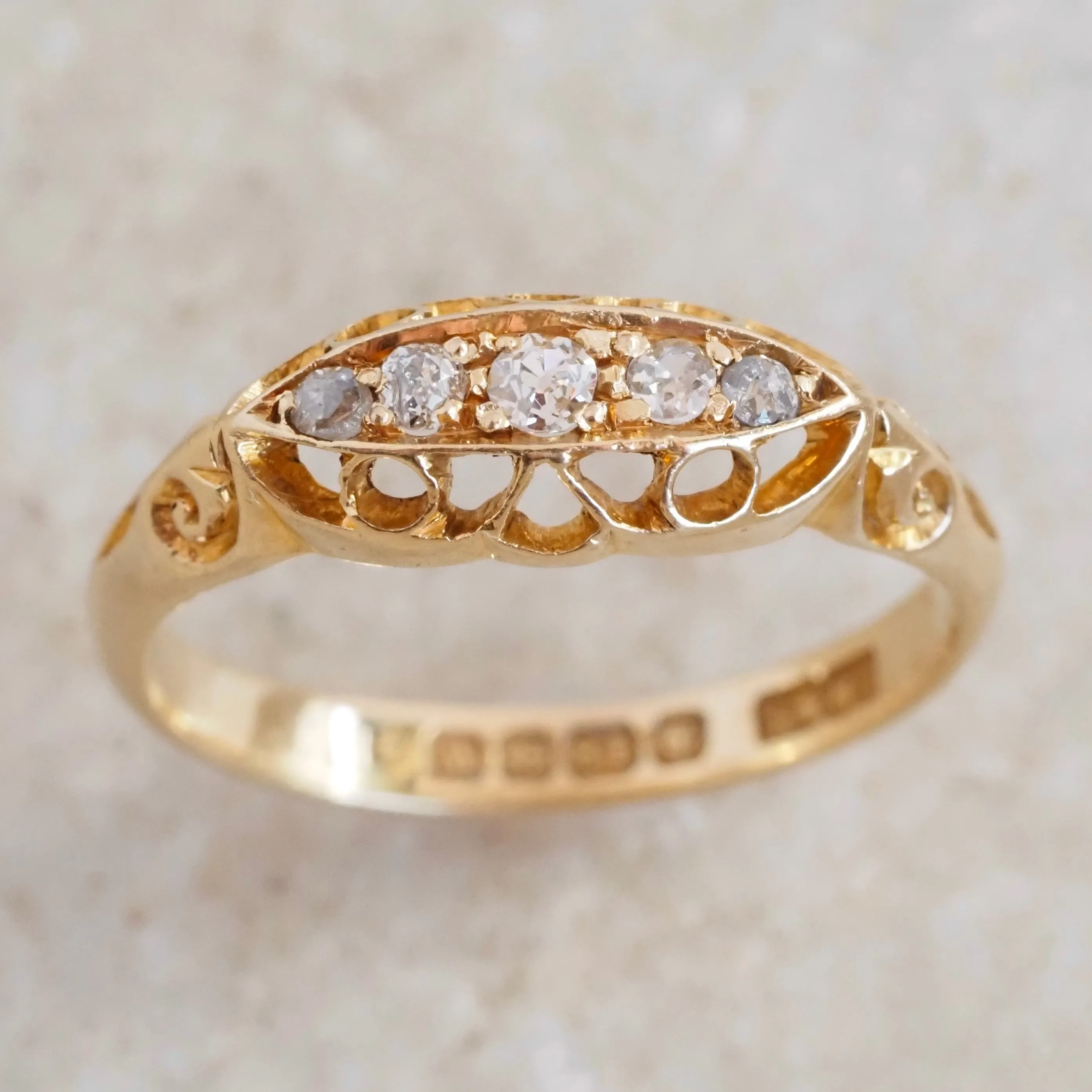 Antique c. 1921 English 18k Gold Five Stone Diamond Boat Ring