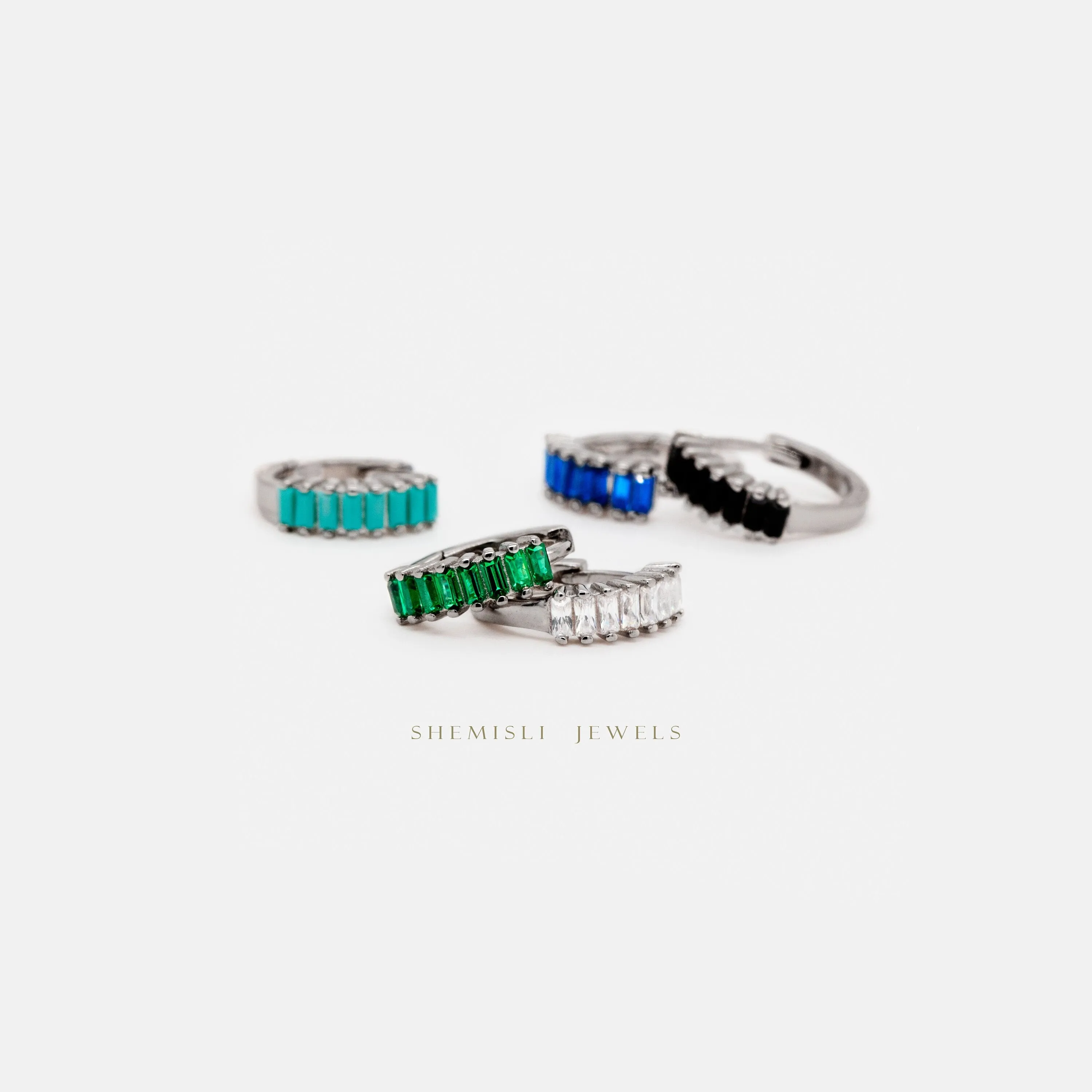 Baguette Lined CZ Hoops, White Stone, Emerald, Turquoise, Sapphire, Black Stone, Unisex, Gold, Silver SH065, SH150, SH333, SH334, SH335