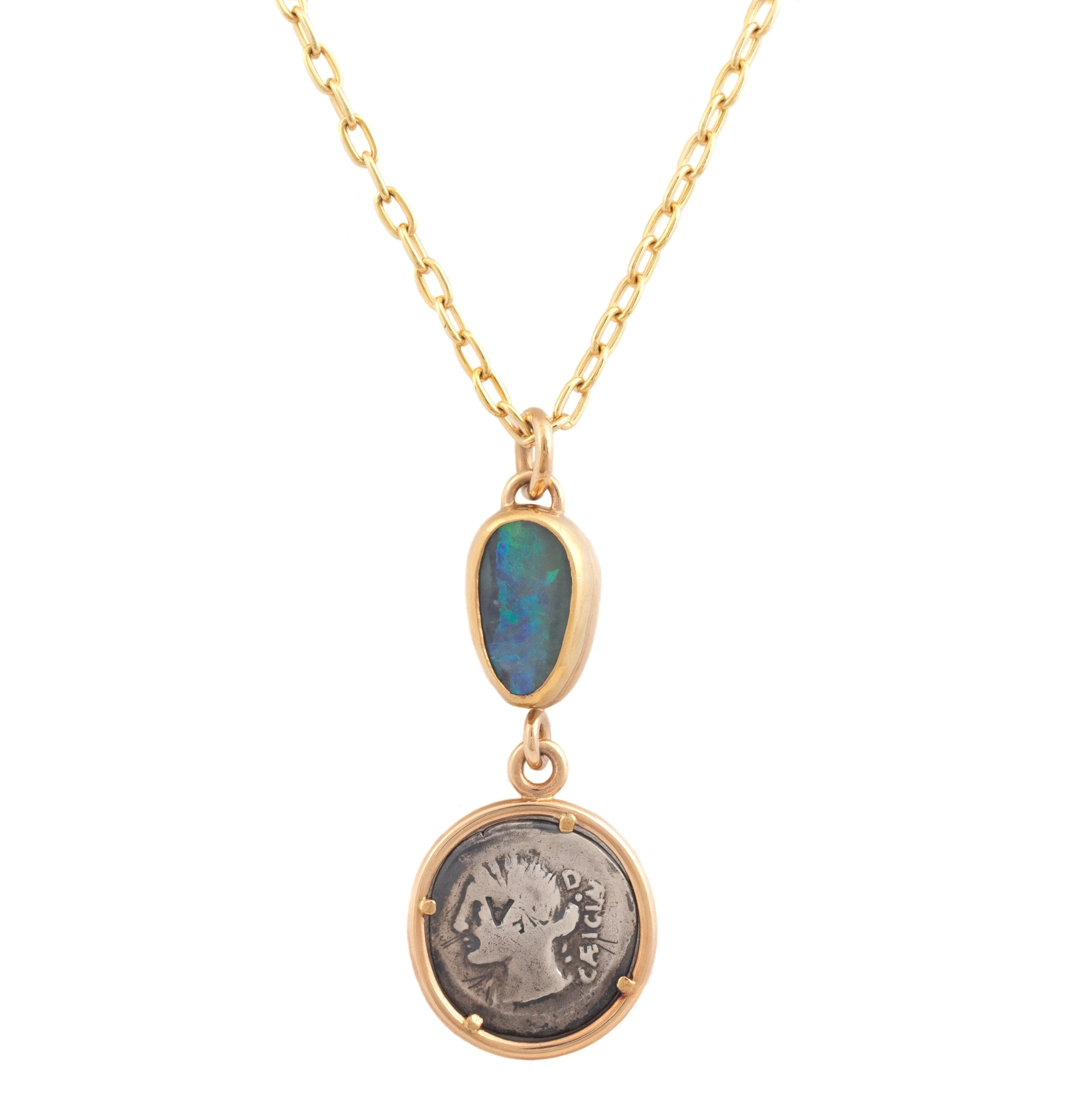 Boulder Opal & Ancient Coin Amulet Necklace