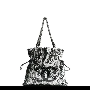 Chanel Rare 2008 Metallic Sequin Drawstring CC Reversible Small Rare Silver Tote