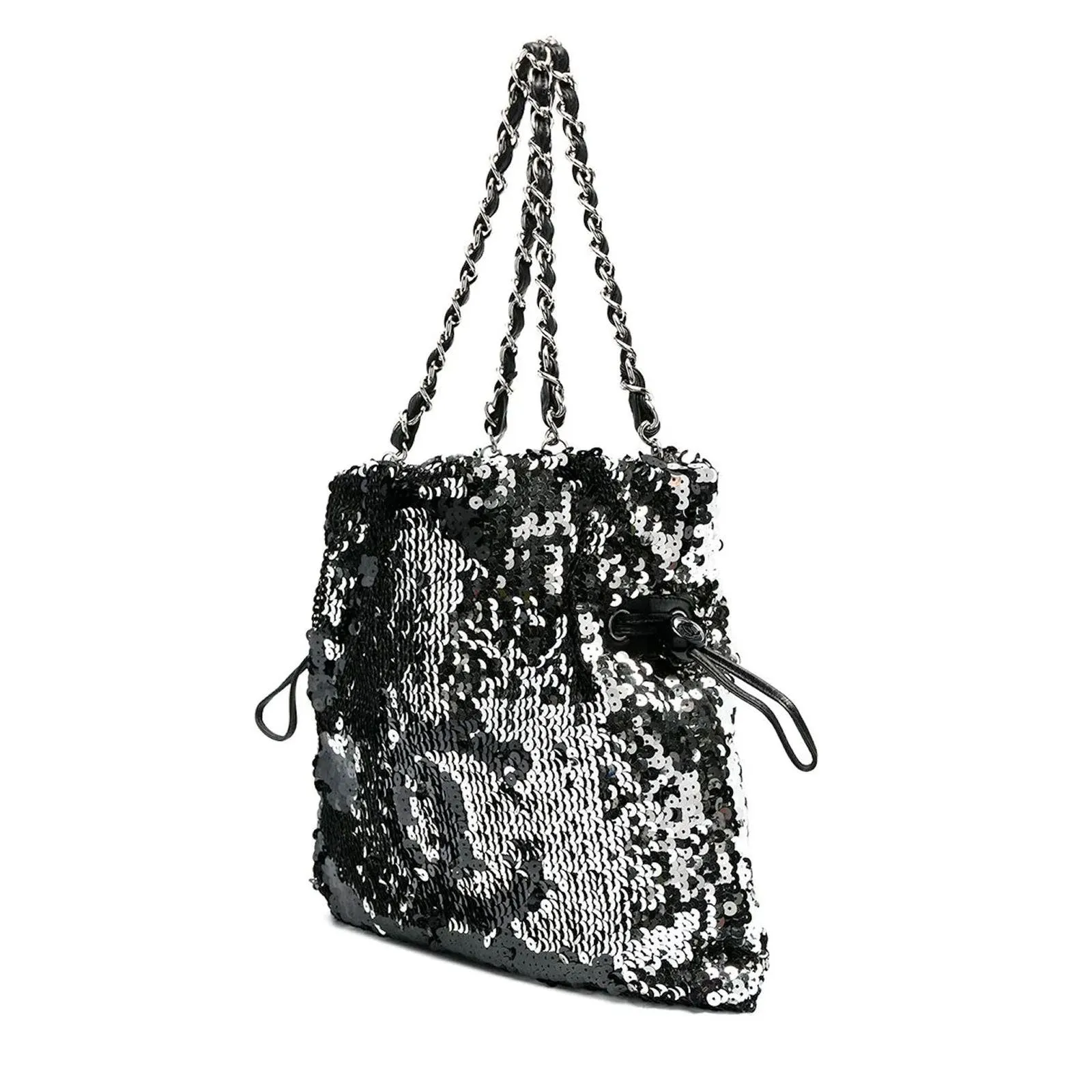 Chanel Rare 2008 Metallic Sequin Drawstring CC Reversible Small Rare Silver Tote
