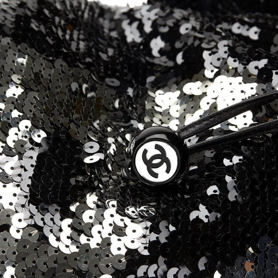 Chanel Rare 2008 Metallic Sequin Drawstring CC Reversible Small Rare Silver Tote