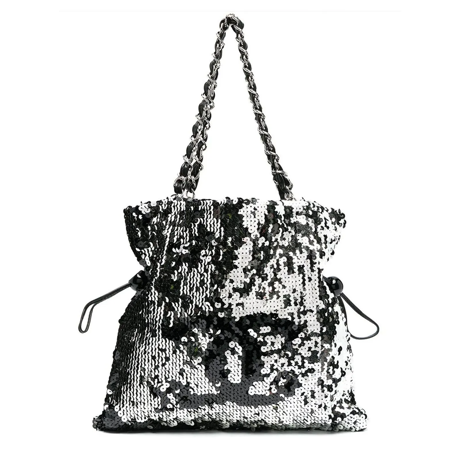 Chanel Rare 2008 Metallic Sequin Drawstring CC Reversible Small Rare Silver Tote