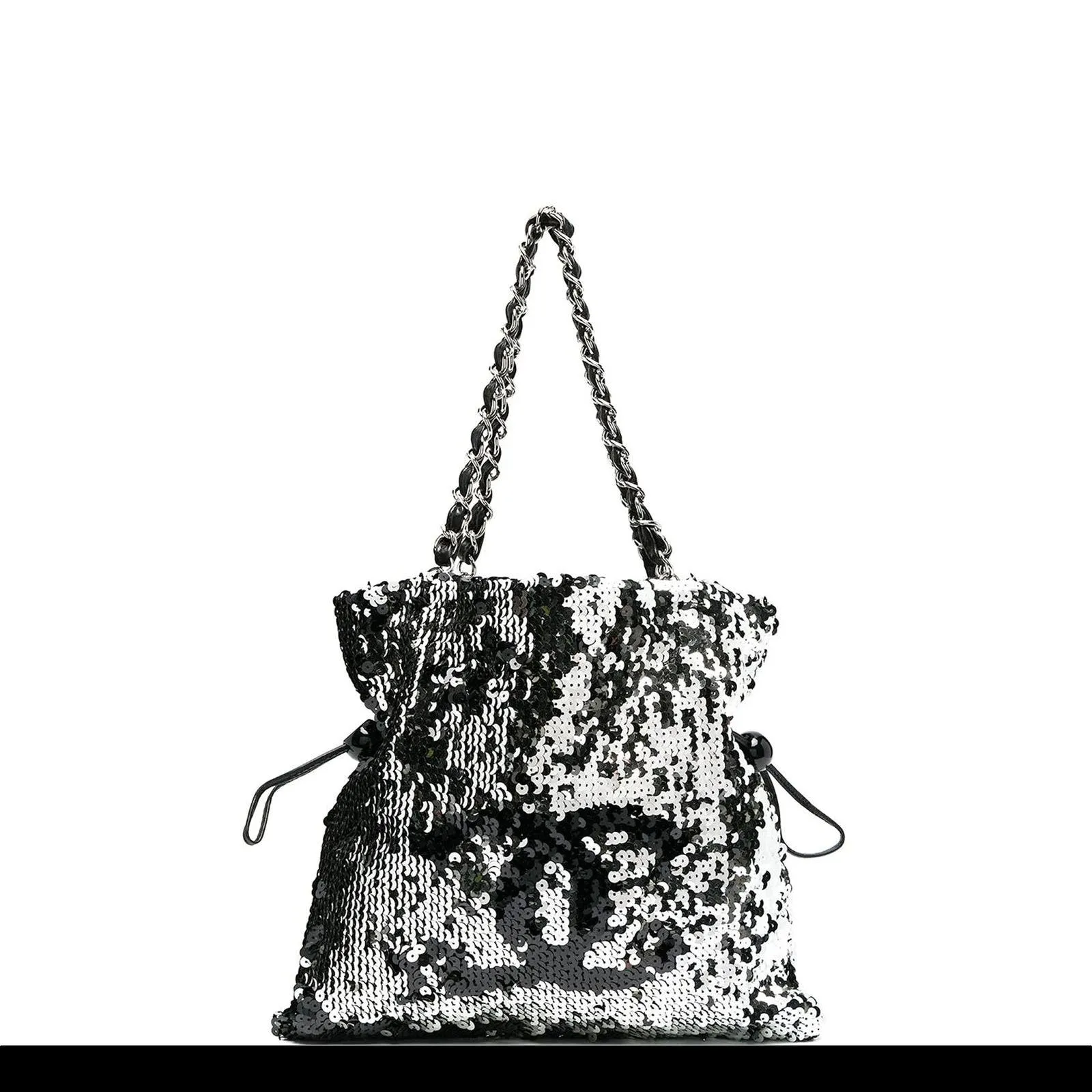 Chanel Rare 2008 Metallic Sequin Drawstring CC Reversible Small Rare Silver Tote