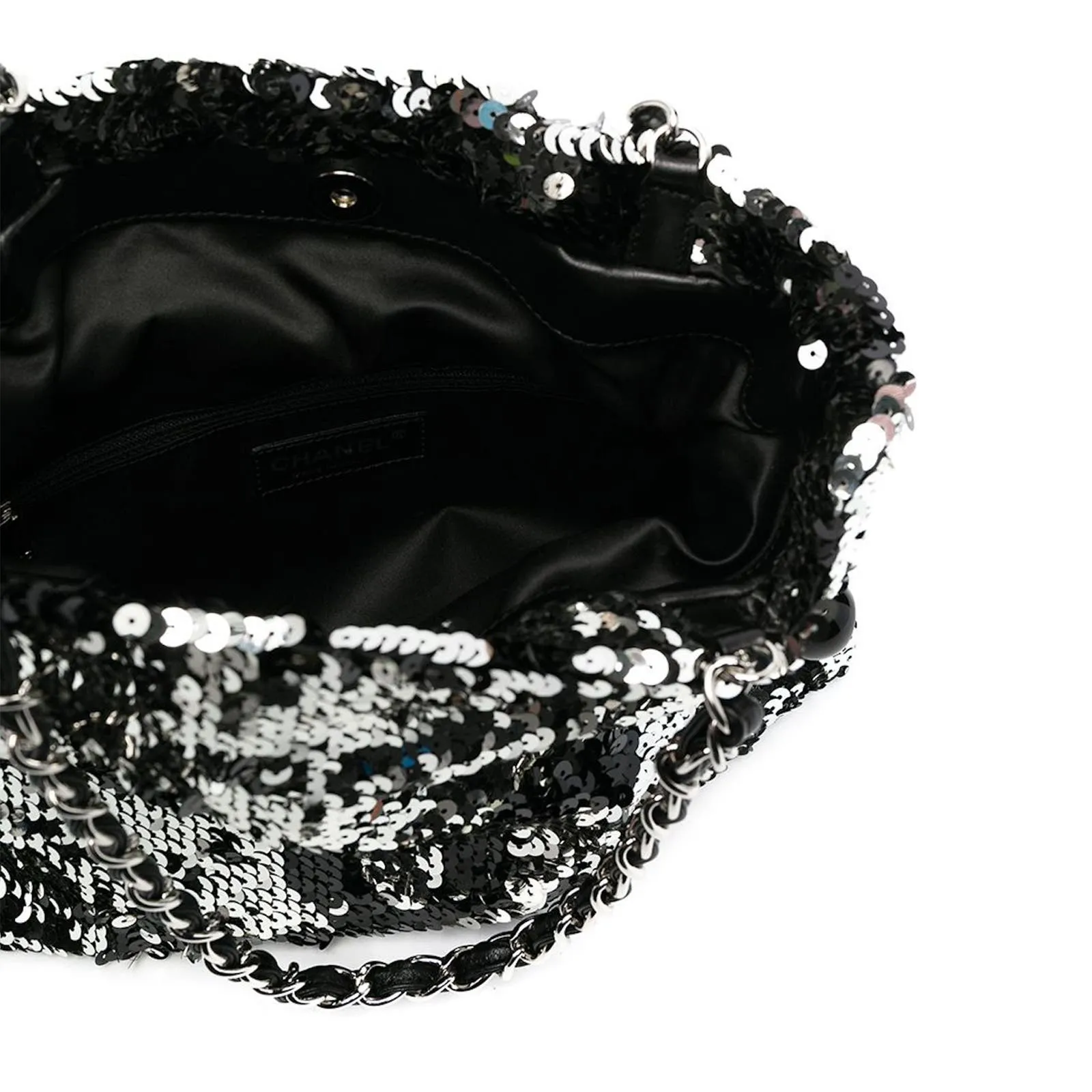 Chanel Rare 2008 Metallic Sequin Drawstring CC Reversible Small Rare Silver Tote