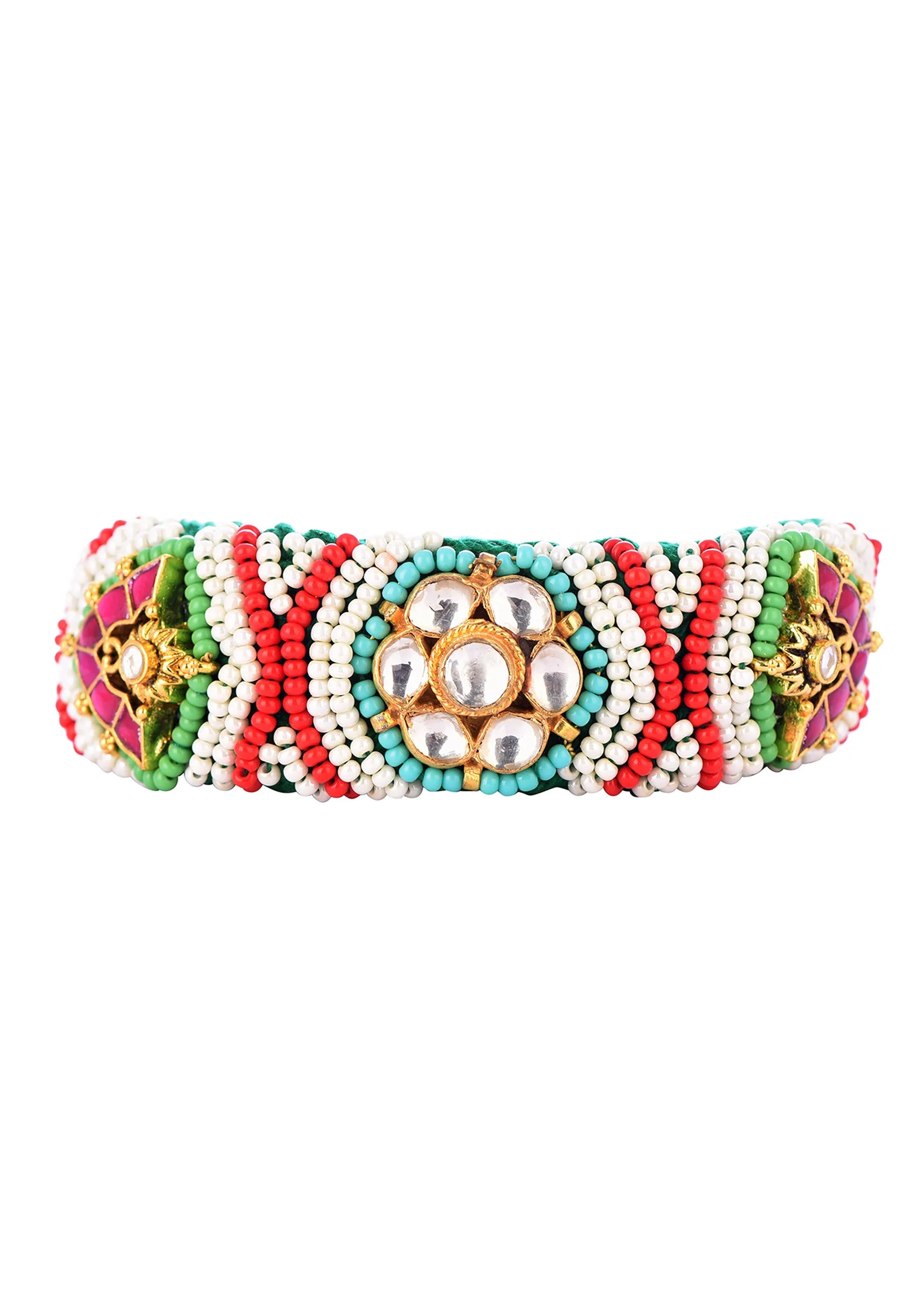 Gold Toned Pachi Kundan Bracelet With Emerald And Ruby