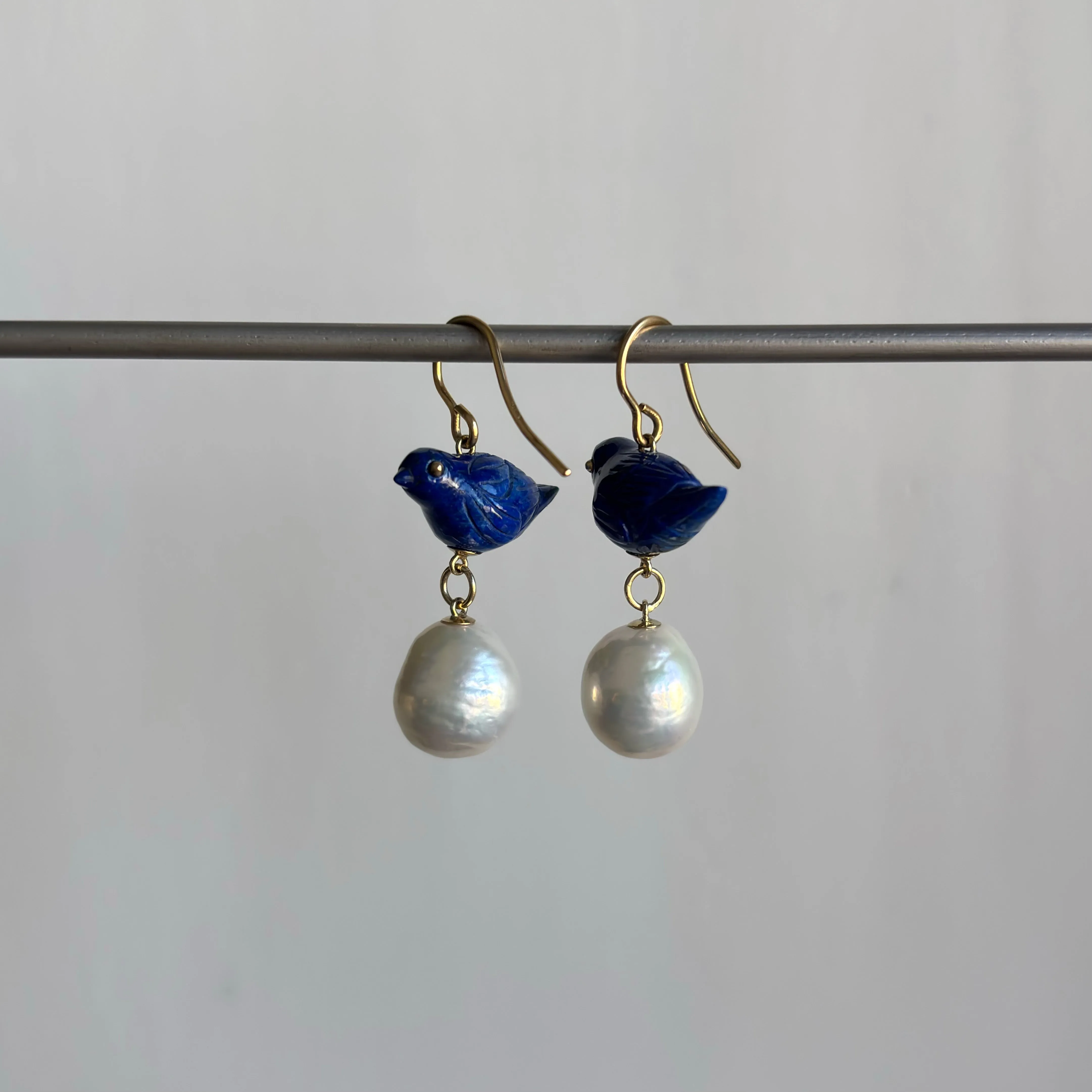 Hand Carved Lapis and Pearl Sparrow Earrings