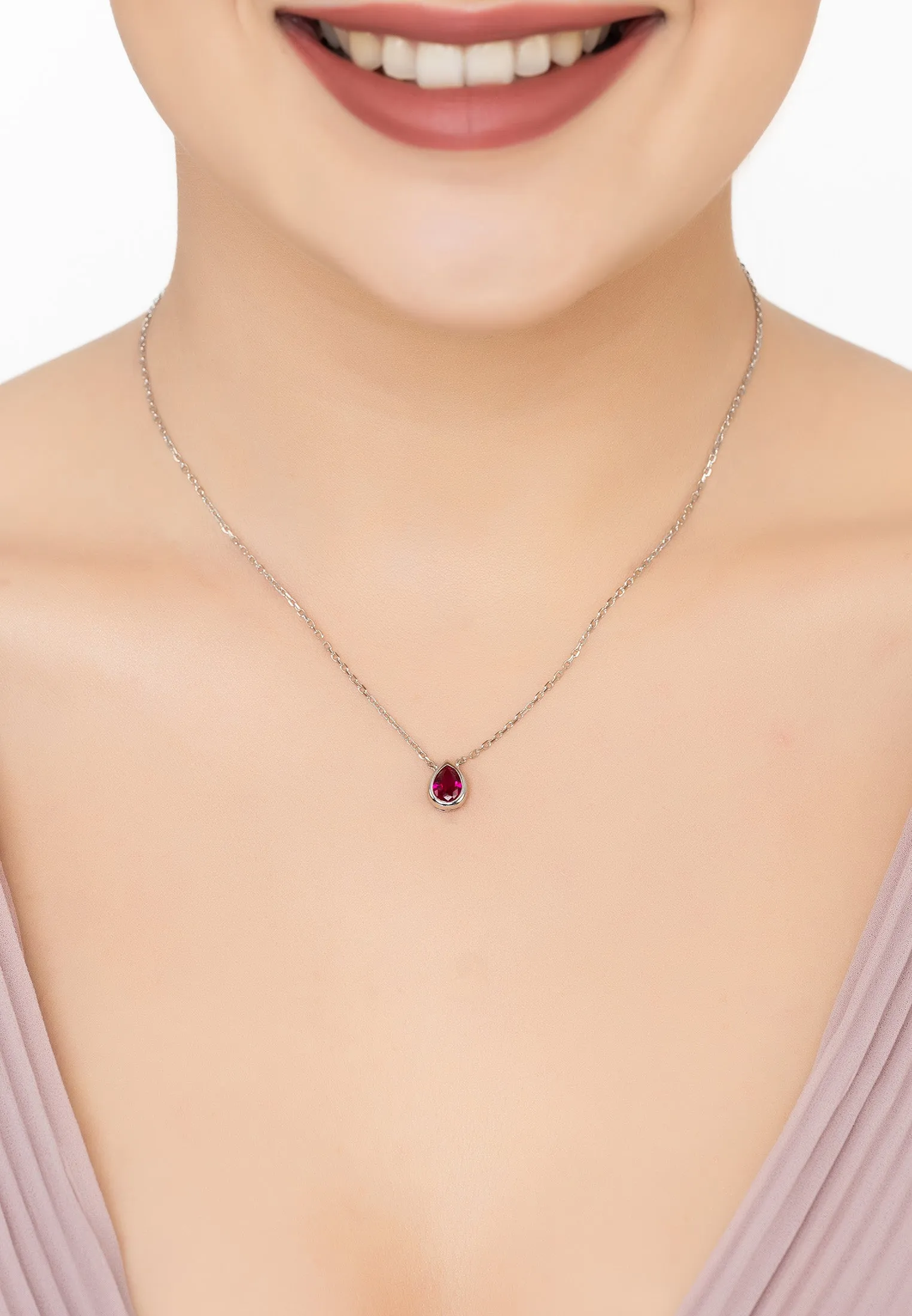 Harriett Mini Teardrop Ruby Pendant Necklace Silver