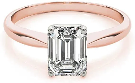 JewelMore 1/4ct Certified 14K-Rose Gold Emerald-Cut Diamond Solitaire Engagement Ring in Gold (H-I/VS2-SI1)