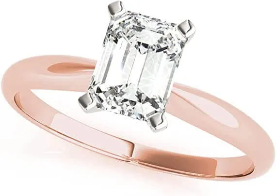 JewelMore 1/4ct Certified 14K-Rose Gold Emerald-Cut Diamond Solitaire Engagement Ring in Gold (H-I/VS2-SI1)