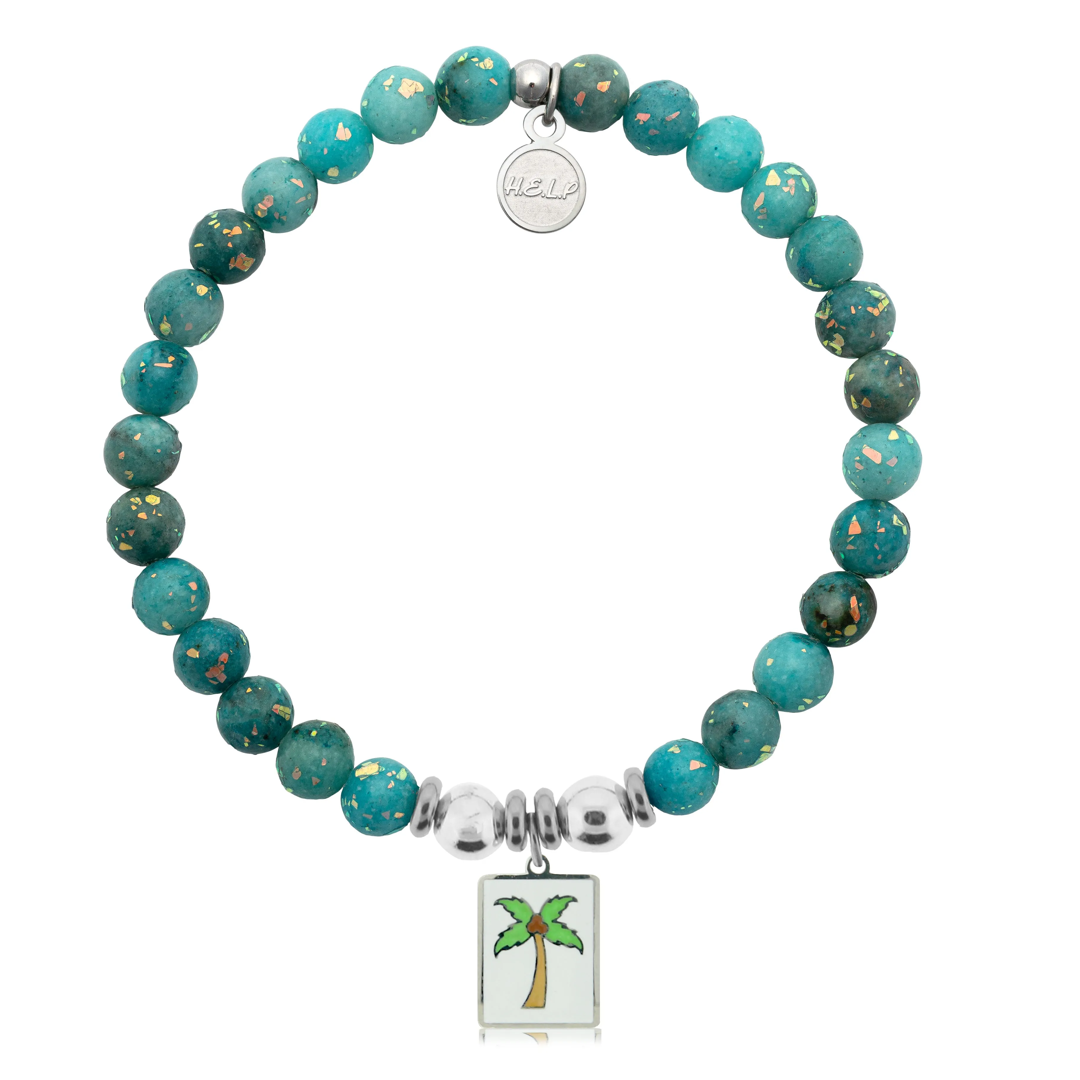 Palm Tree Enamel Charm with Blue Opal Jade Charity Bracelet