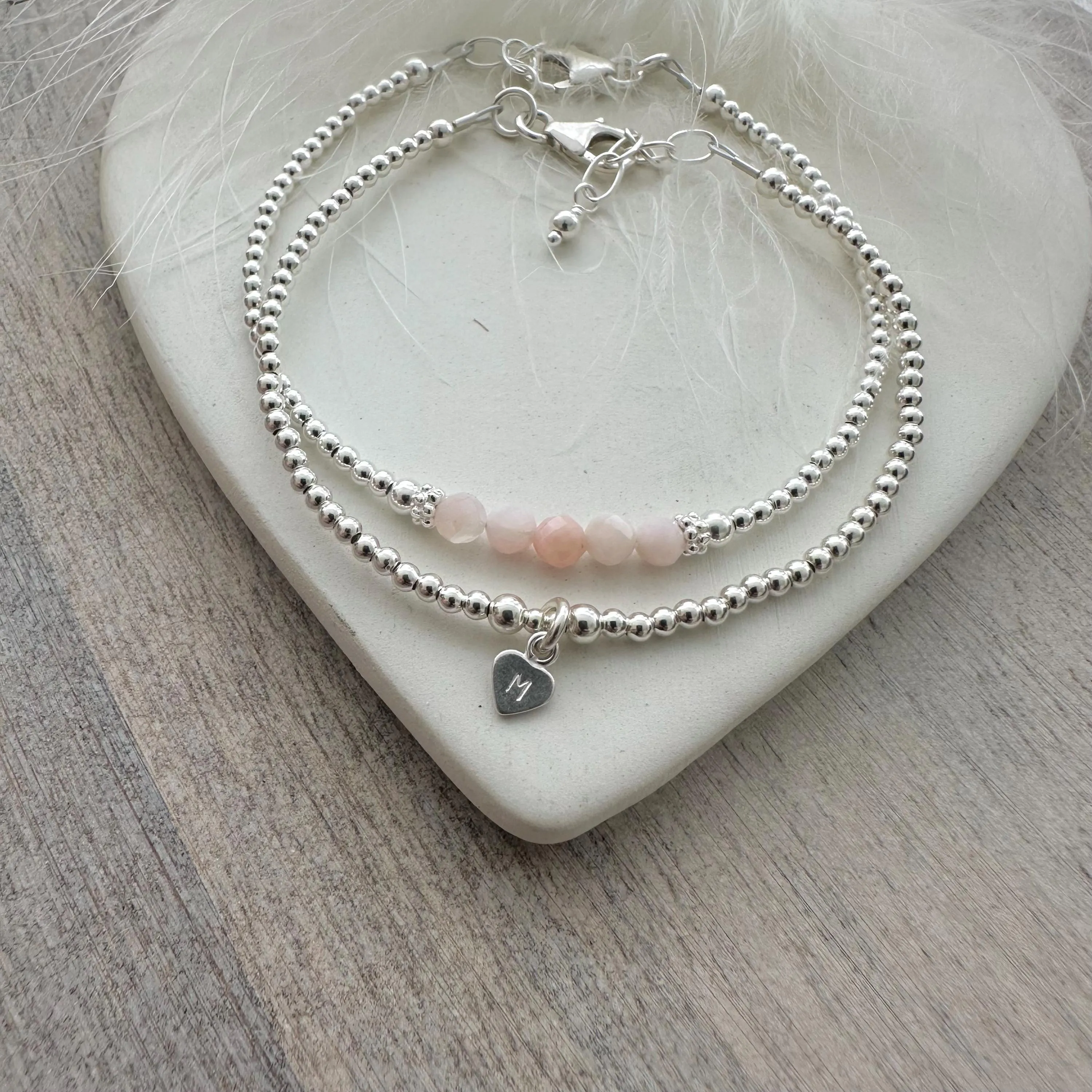 Personalised Pink Opal Bracelet Set, October Birthstone Jewellery