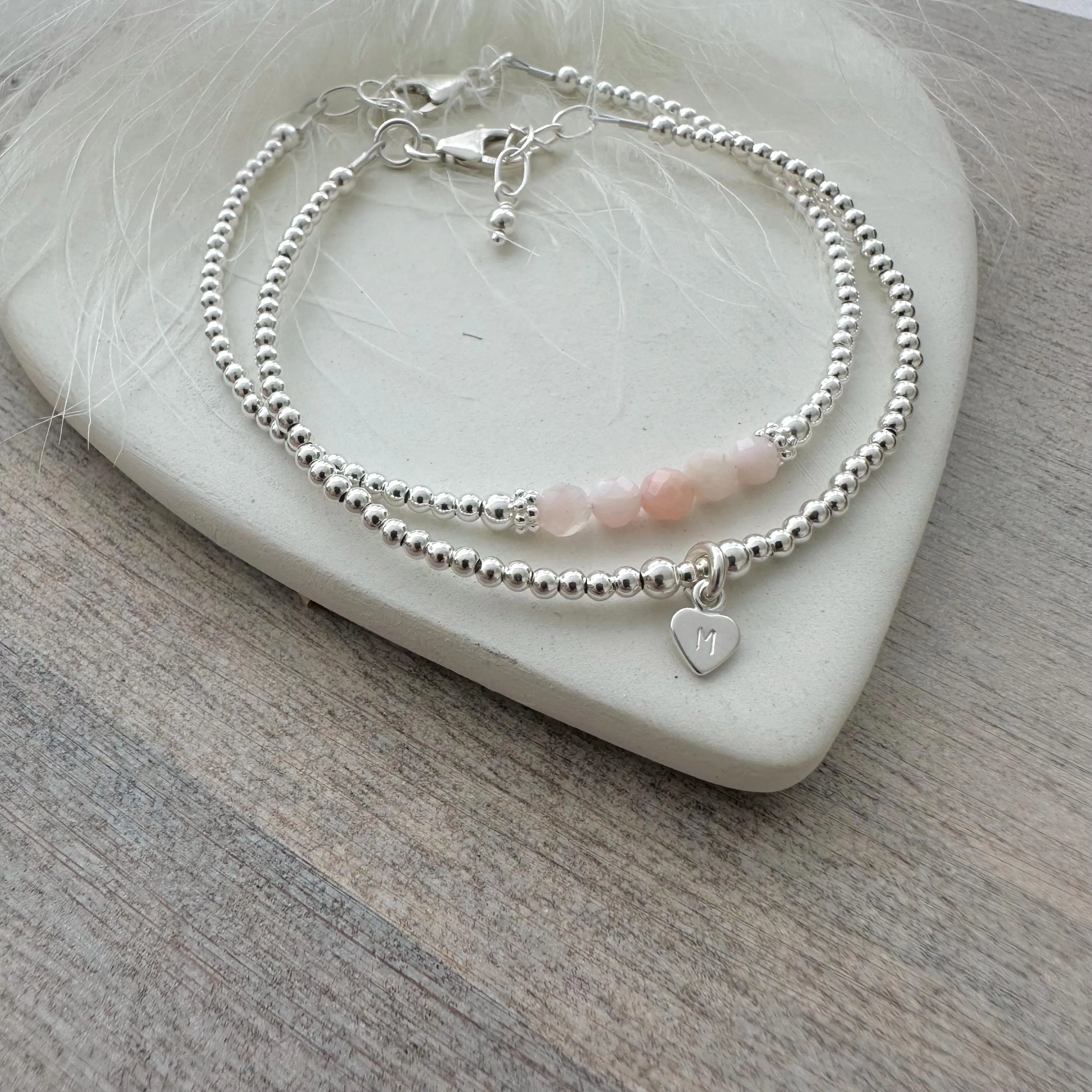 Personalised Pink Opal Bracelet Set, October Birthstone Jewellery
