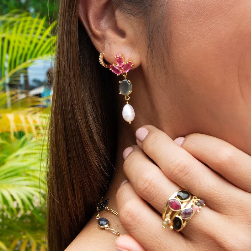 Pink Quartz, Labradorite & Freshwater Pearl Earrings