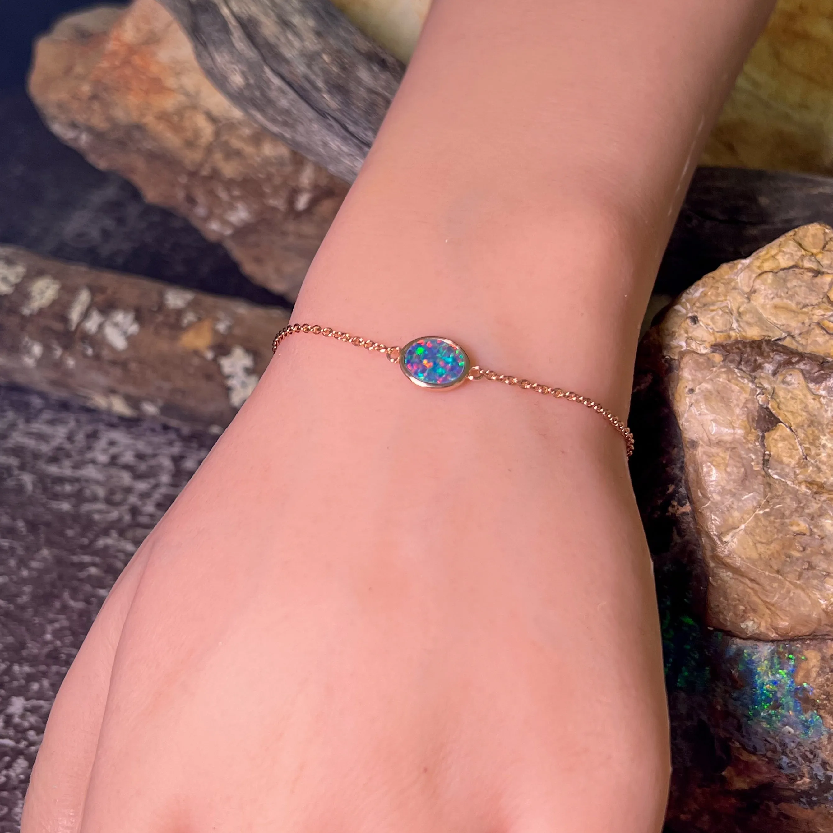 Rose Gold Plated Silver Oval Opal doublet bracelet
