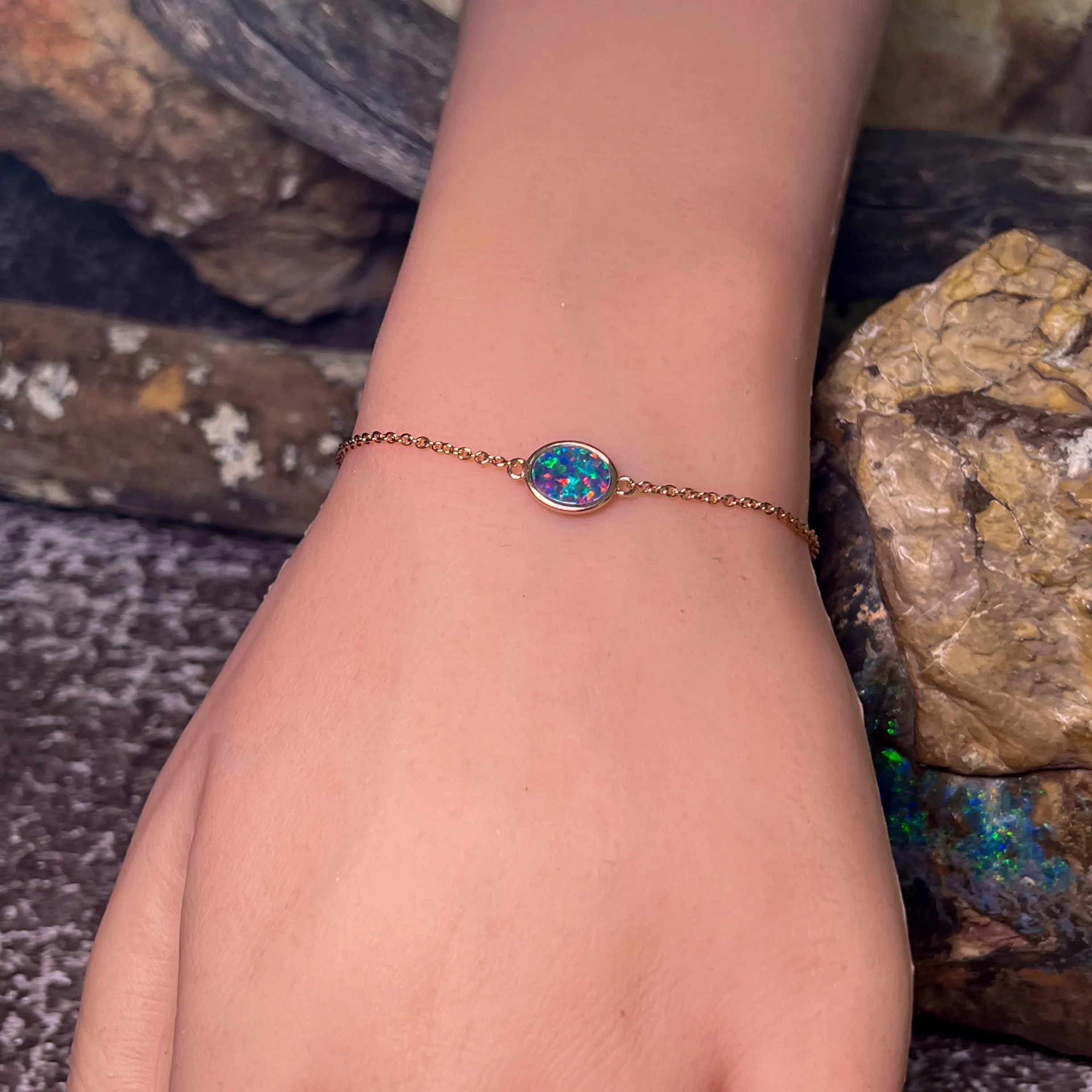 Rose Gold Plated Silver Oval Opal doublet bracelet