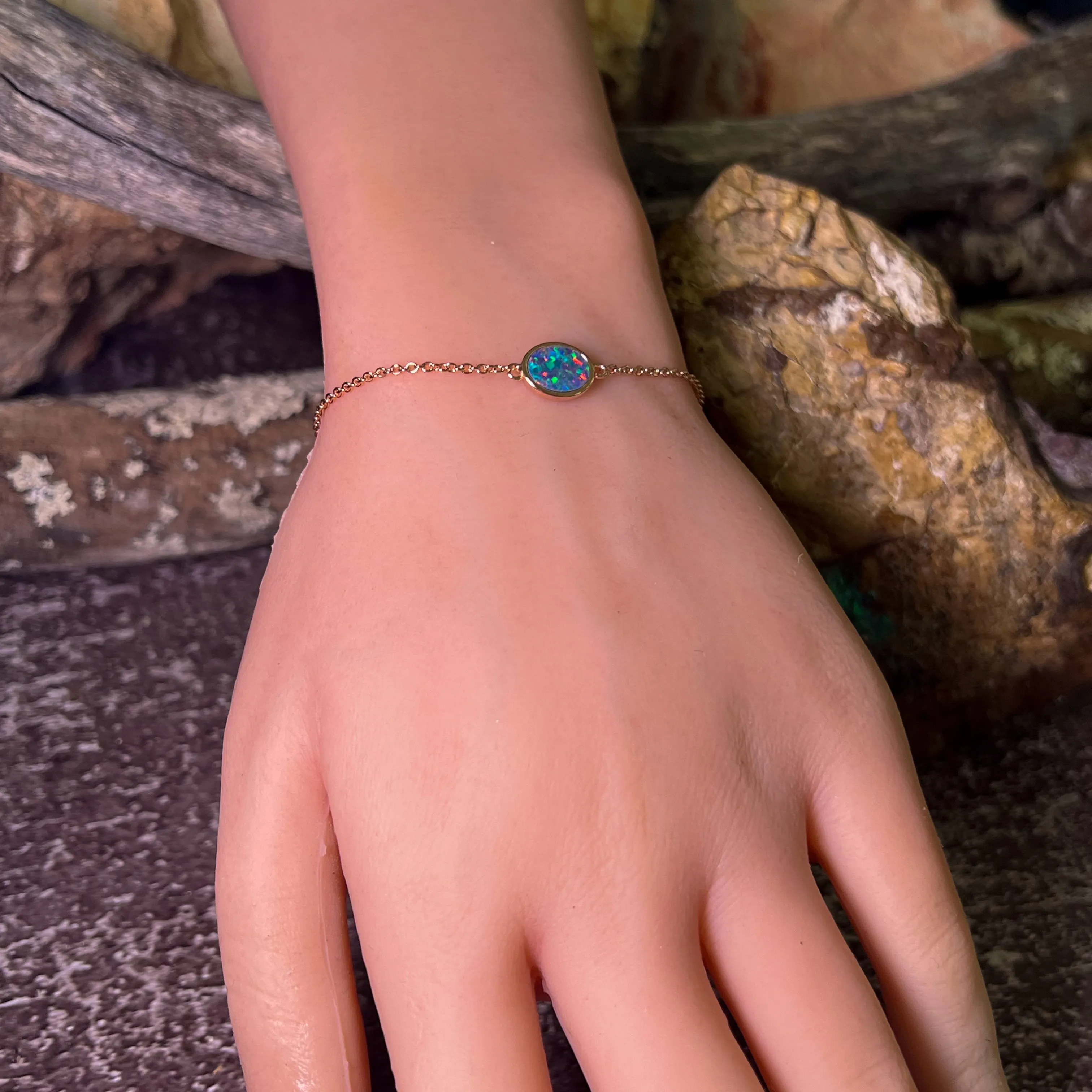 Rose Gold Plated Silver Oval Opal doublet bracelet