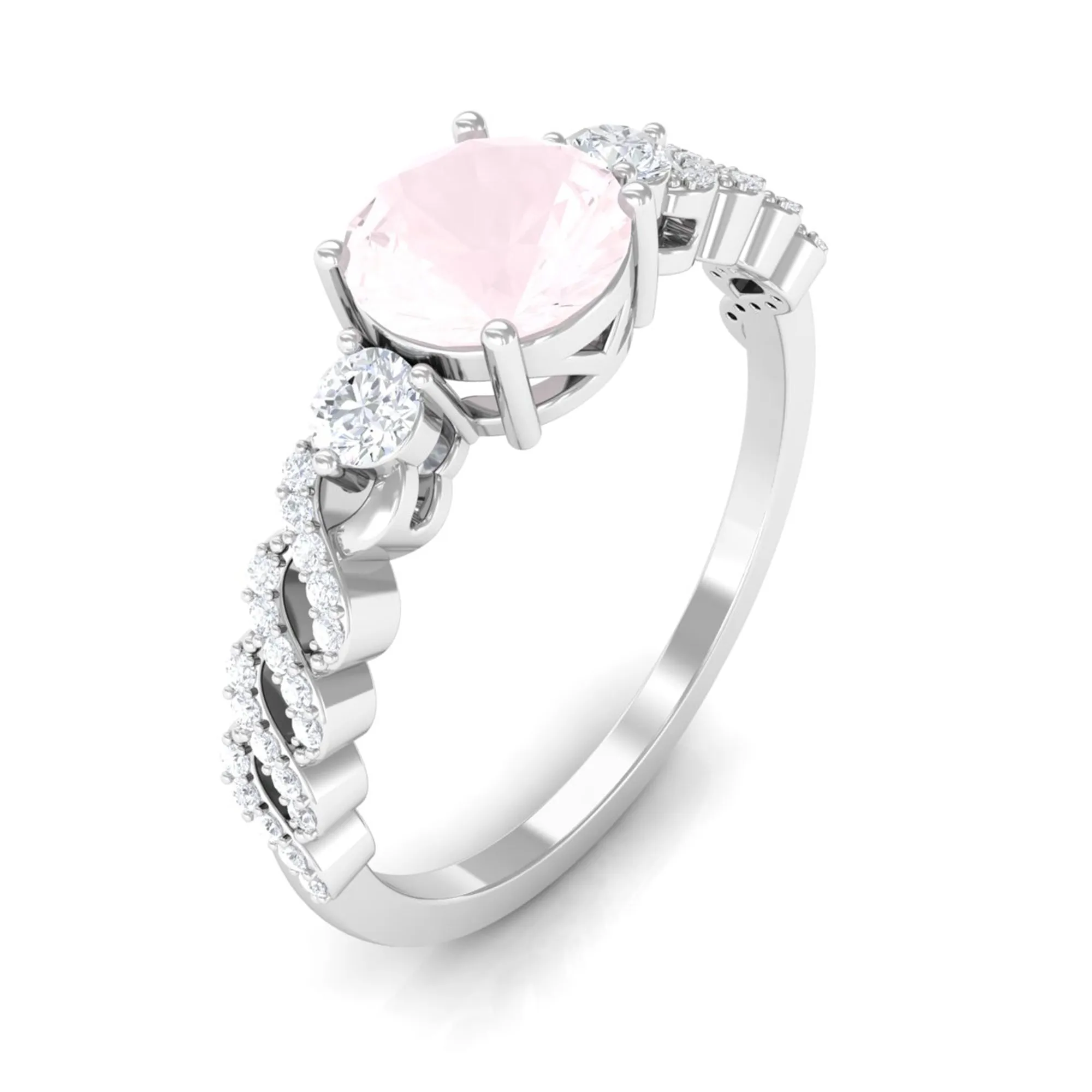 Round Shape Rose Quartz Designer Engagement Ring with Diamond Side Stones