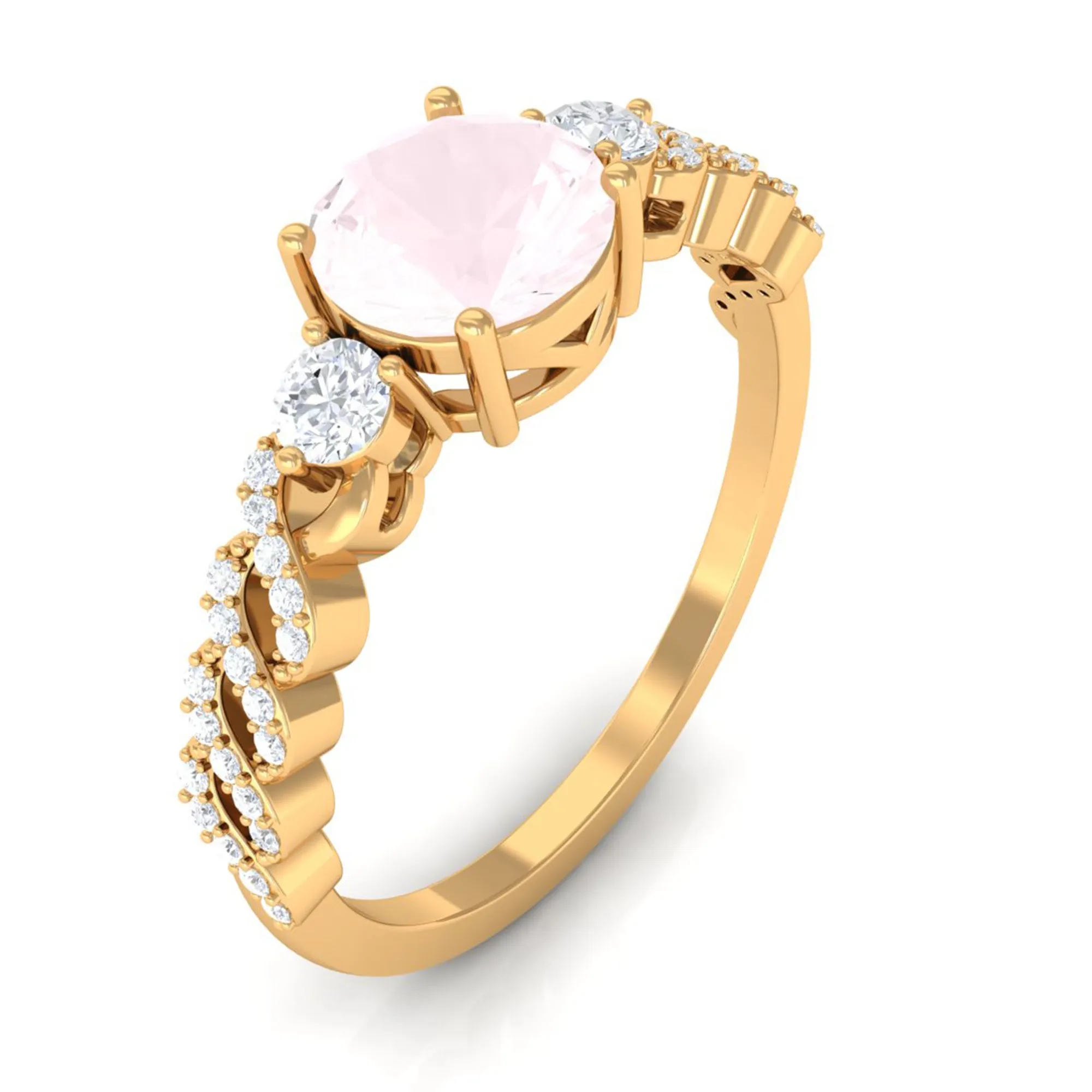 Round Shape Rose Quartz Designer Engagement Ring with Diamond Side Stones