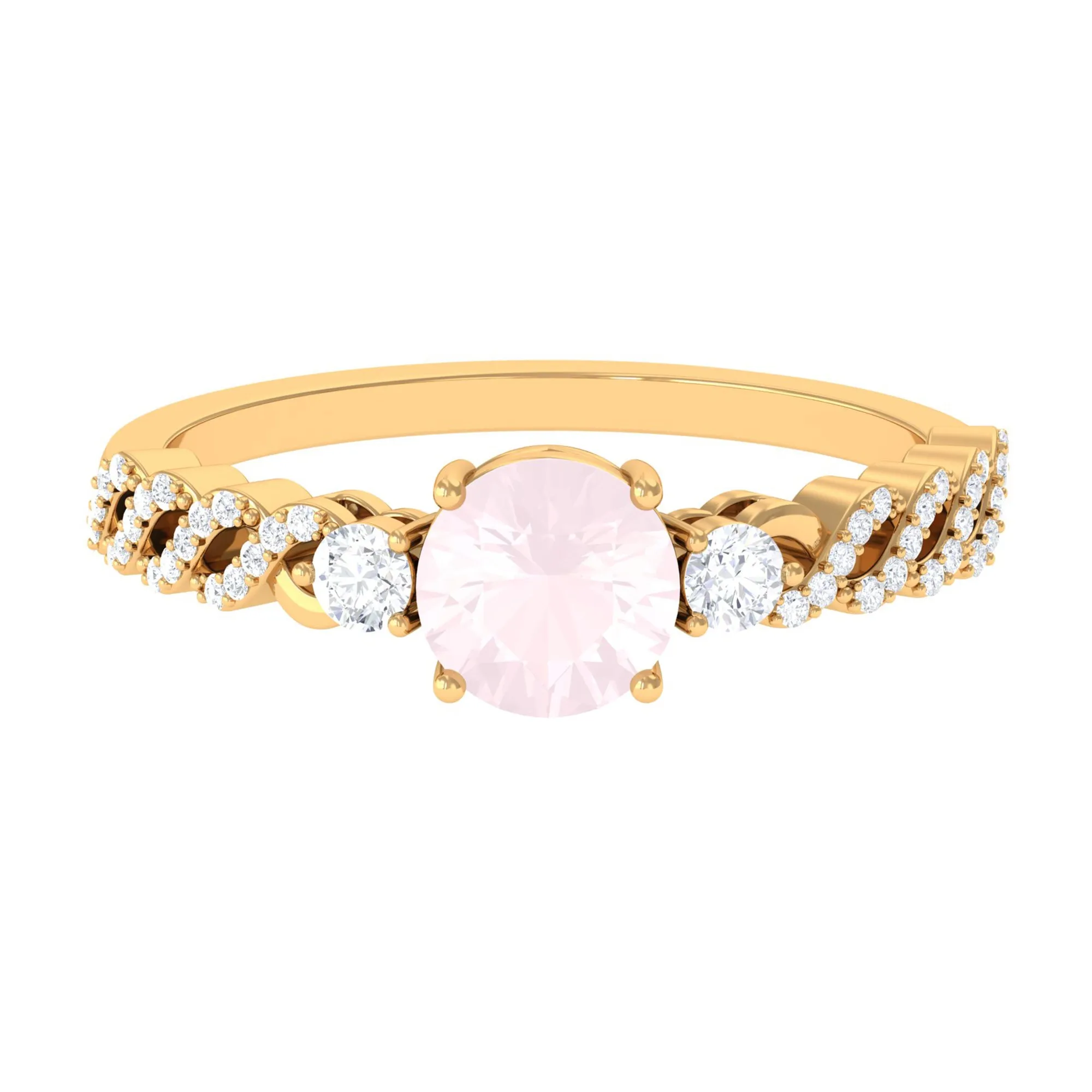 Round Shape Rose Quartz Designer Engagement Ring with Diamond Side Stones