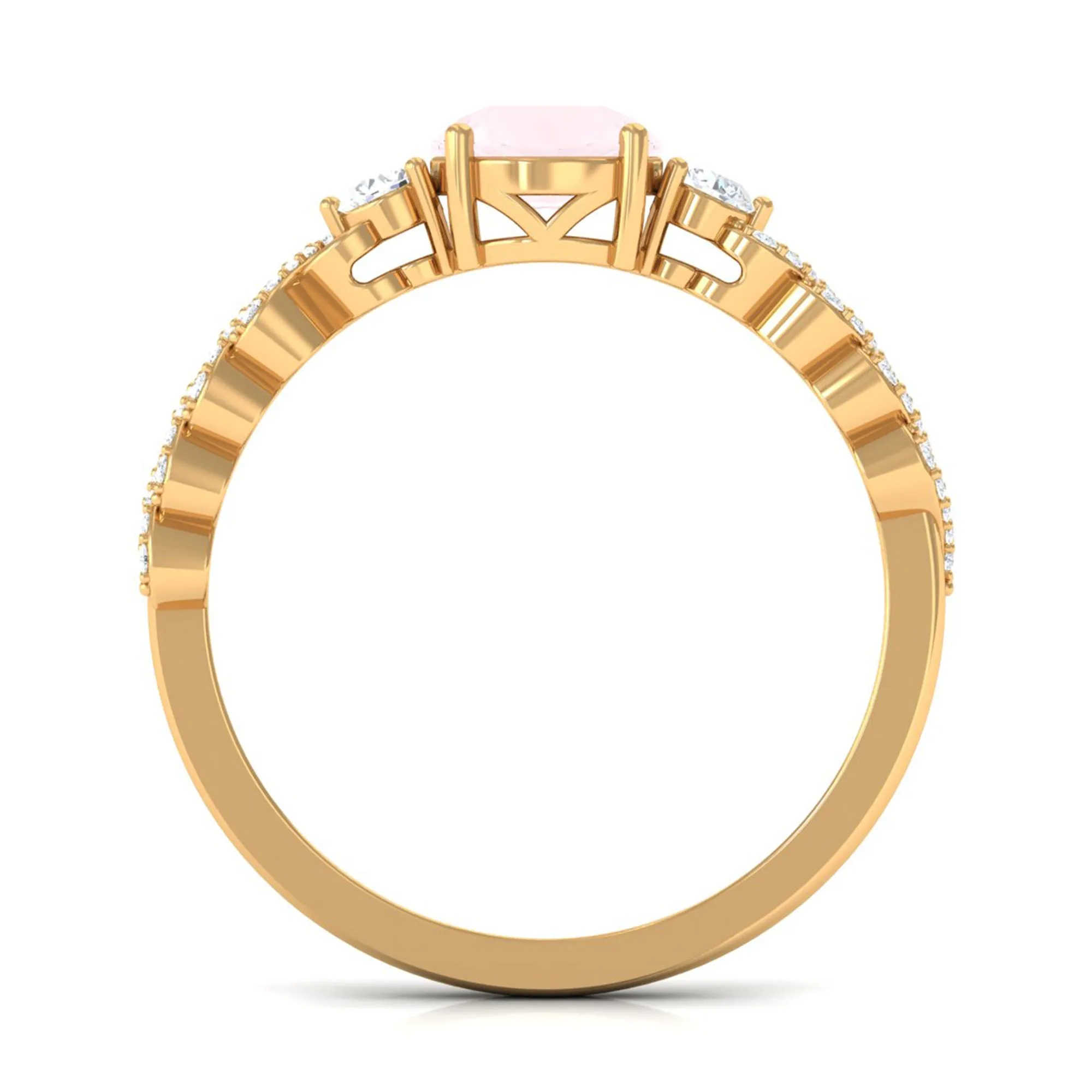 Round Shape Rose Quartz Designer Engagement Ring with Diamond Side Stones