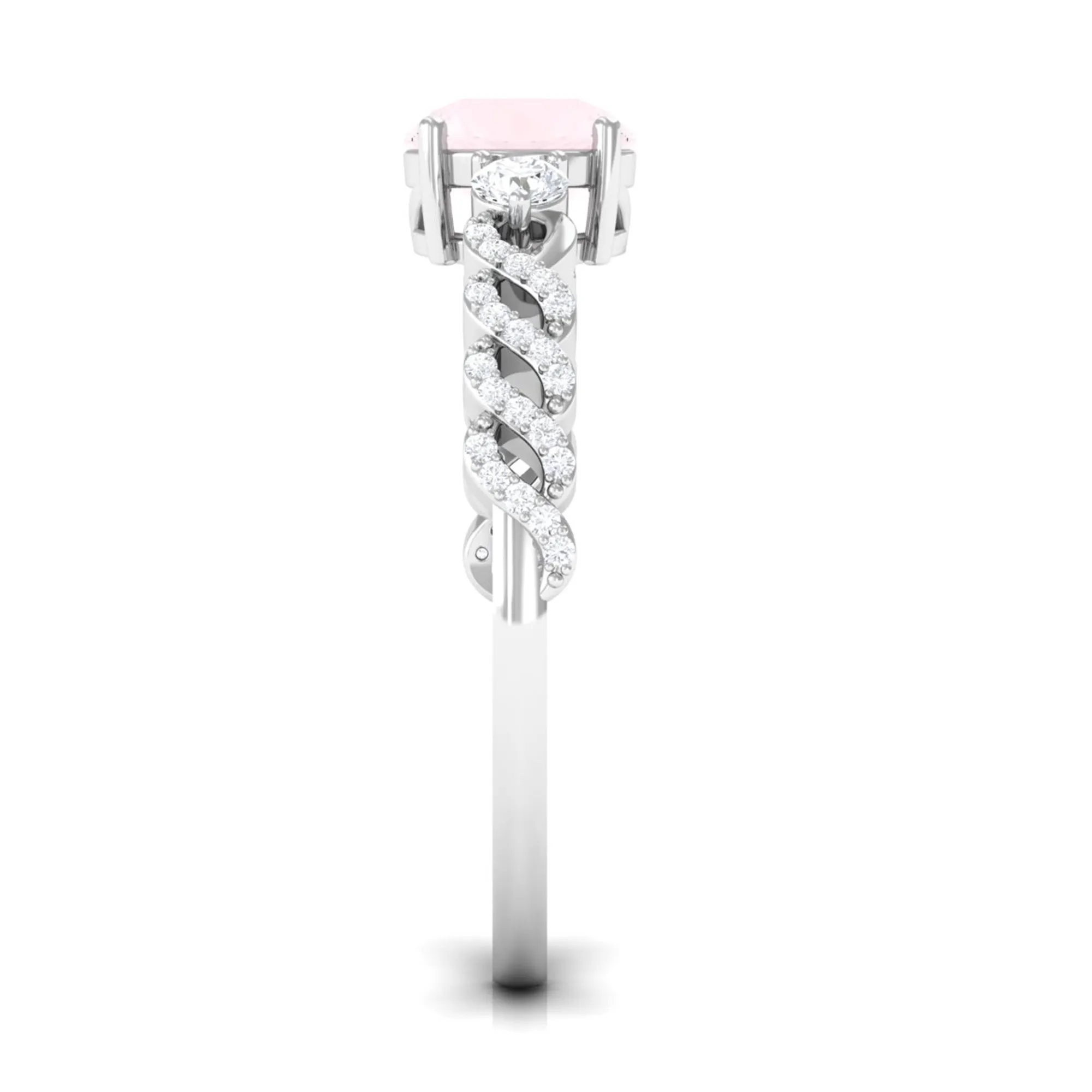 Round Shape Rose Quartz Designer Engagement Ring with Diamond Side Stones