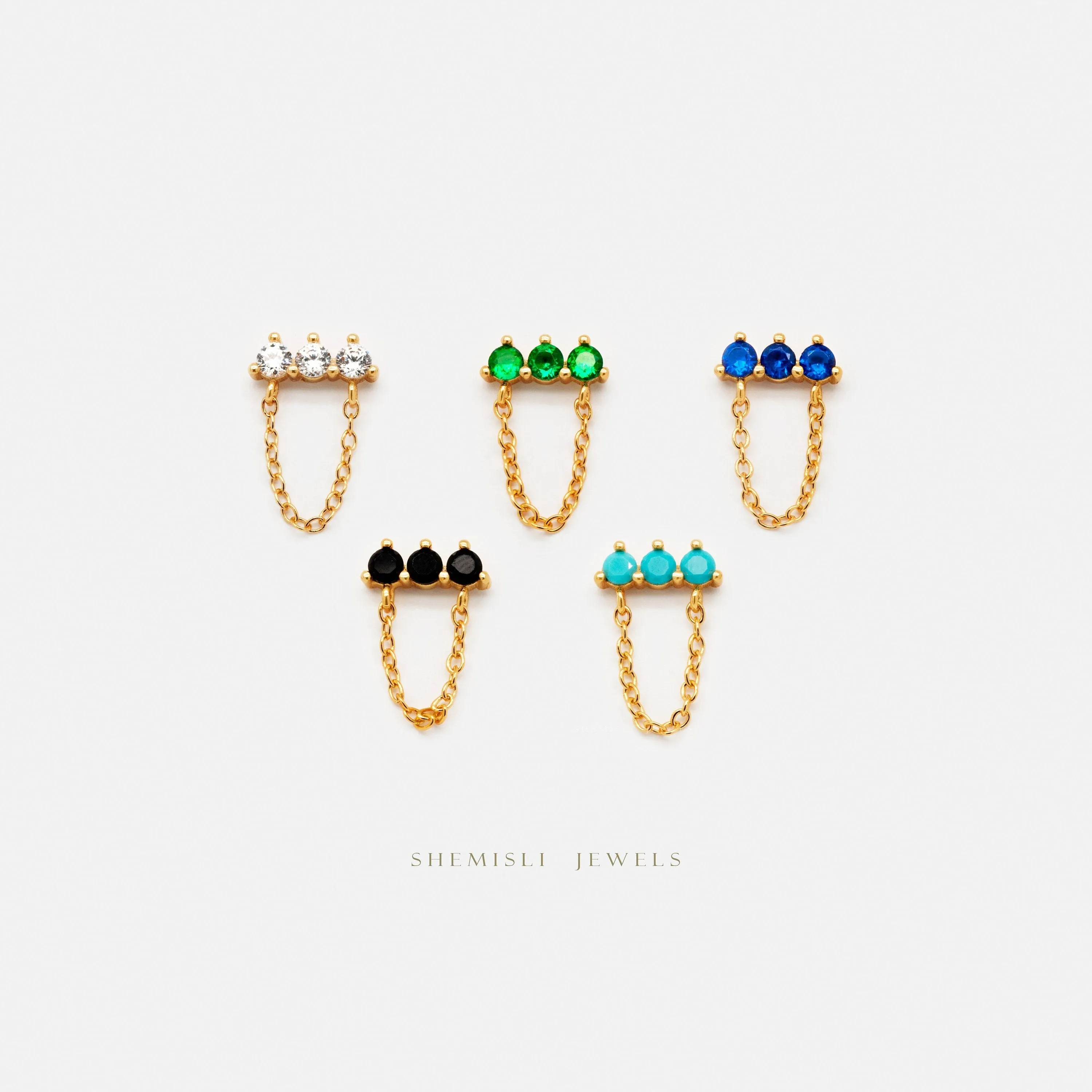 Tiny CZ Bar Earrings with Dangle Chain, White Emerald Turquoise Sapphire Black, Unisex, Gold, Silver SHEMISLI SS145 SS265 SS266 SS267 SS268
