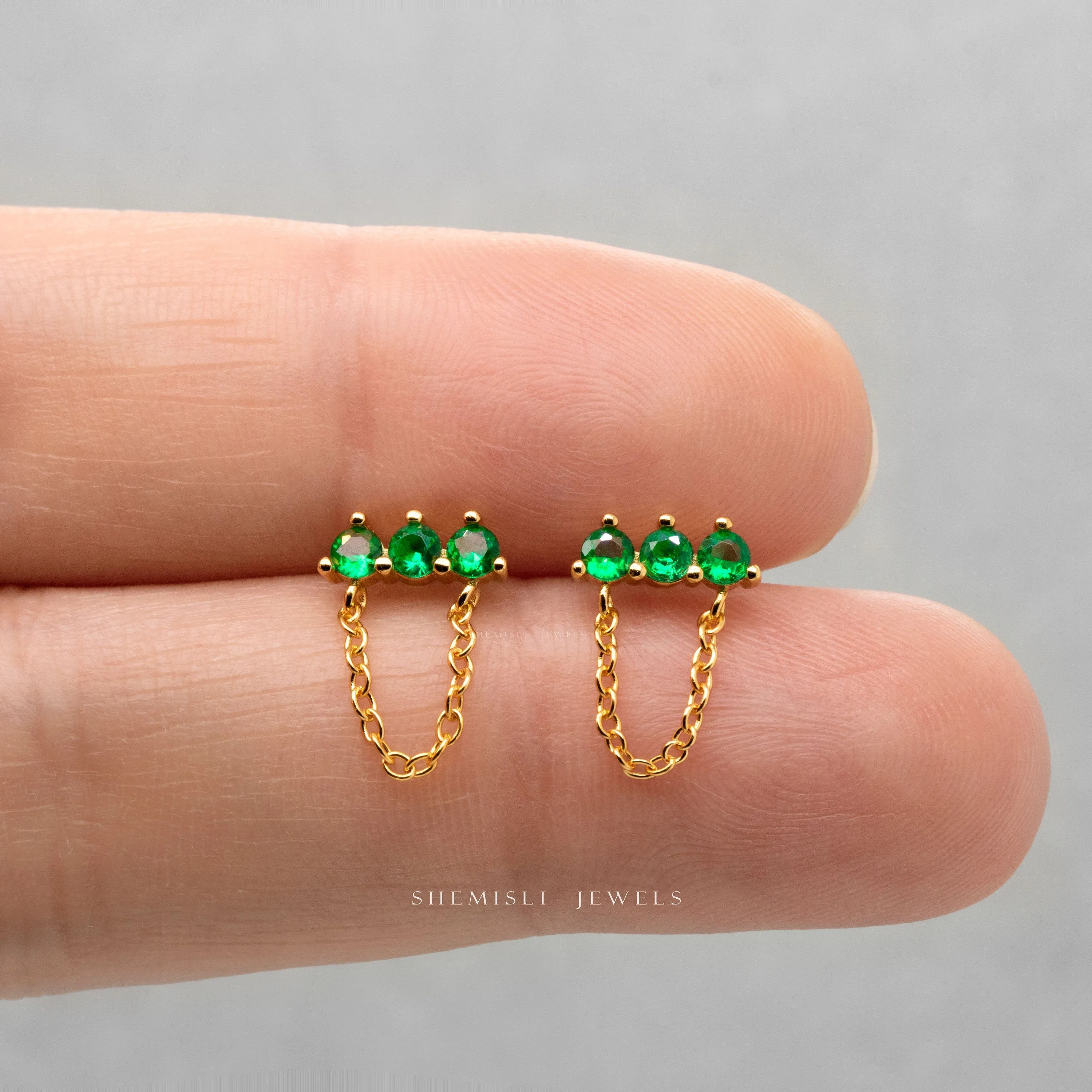 Tiny CZ Bar Earrings with Dangle Chain, White Emerald Turquoise Sapphire Black, Unisex, Gold, Silver SHEMISLI SS145 SS265 SS266 SS267 SS268